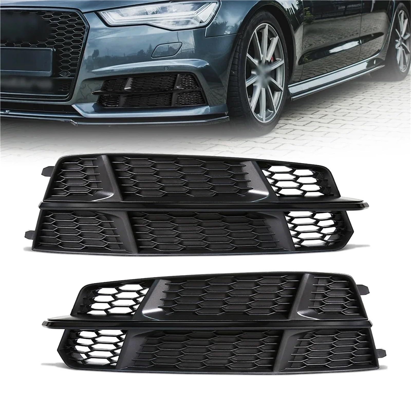 2 sztuki osłony świateł przedniego zderzaka samochodu pasujące do Audi A6 C7 A6L S-Line 2015 2016 2017 2018 Hex Grill 4G0807681AN(Sliver Pair)
