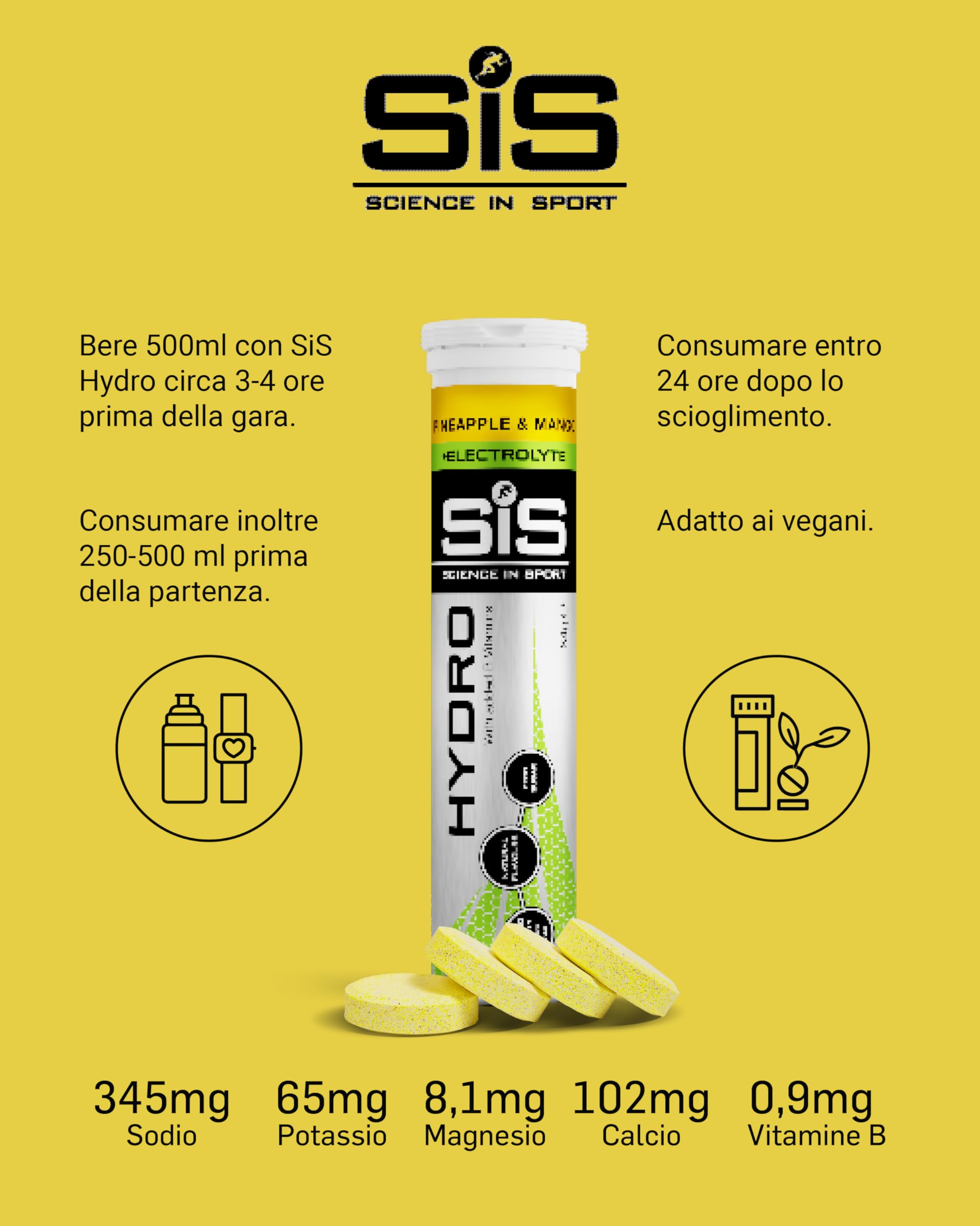 Science in Sport HYDRO Compresse 20pz. Ananas e Mango - Elettroliti in compresse effervescenti, Vegan, Mantengono il corretto bilancio di elettroliti ed acqua