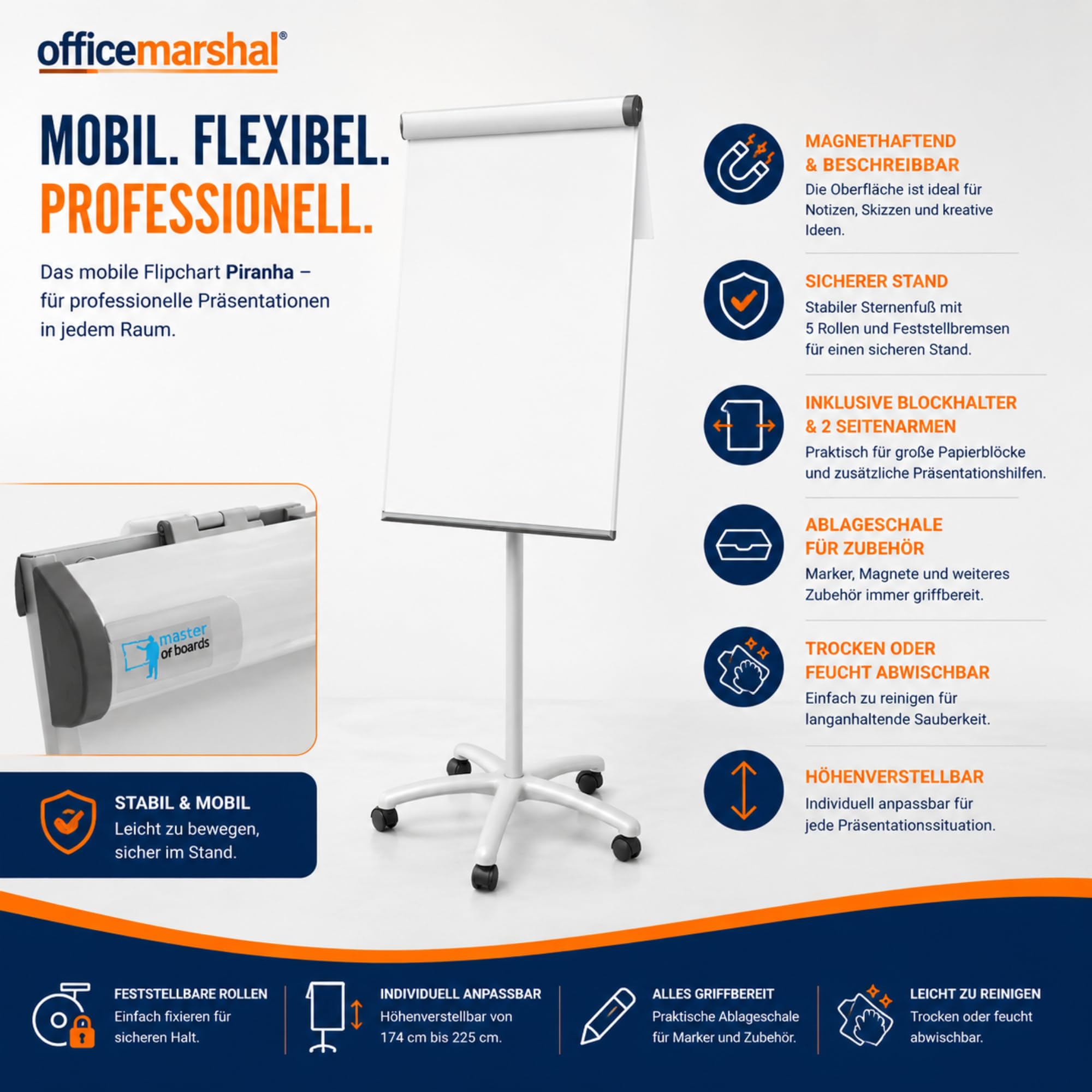 OfficeMarshal Flipchart Whiteboard mobil mit Rollenfuss Ständer 73x105cm | Höhenverstellbar bis 210cm, Beschreibbar, Trocken abwischbar, magnetisch (Piranha)