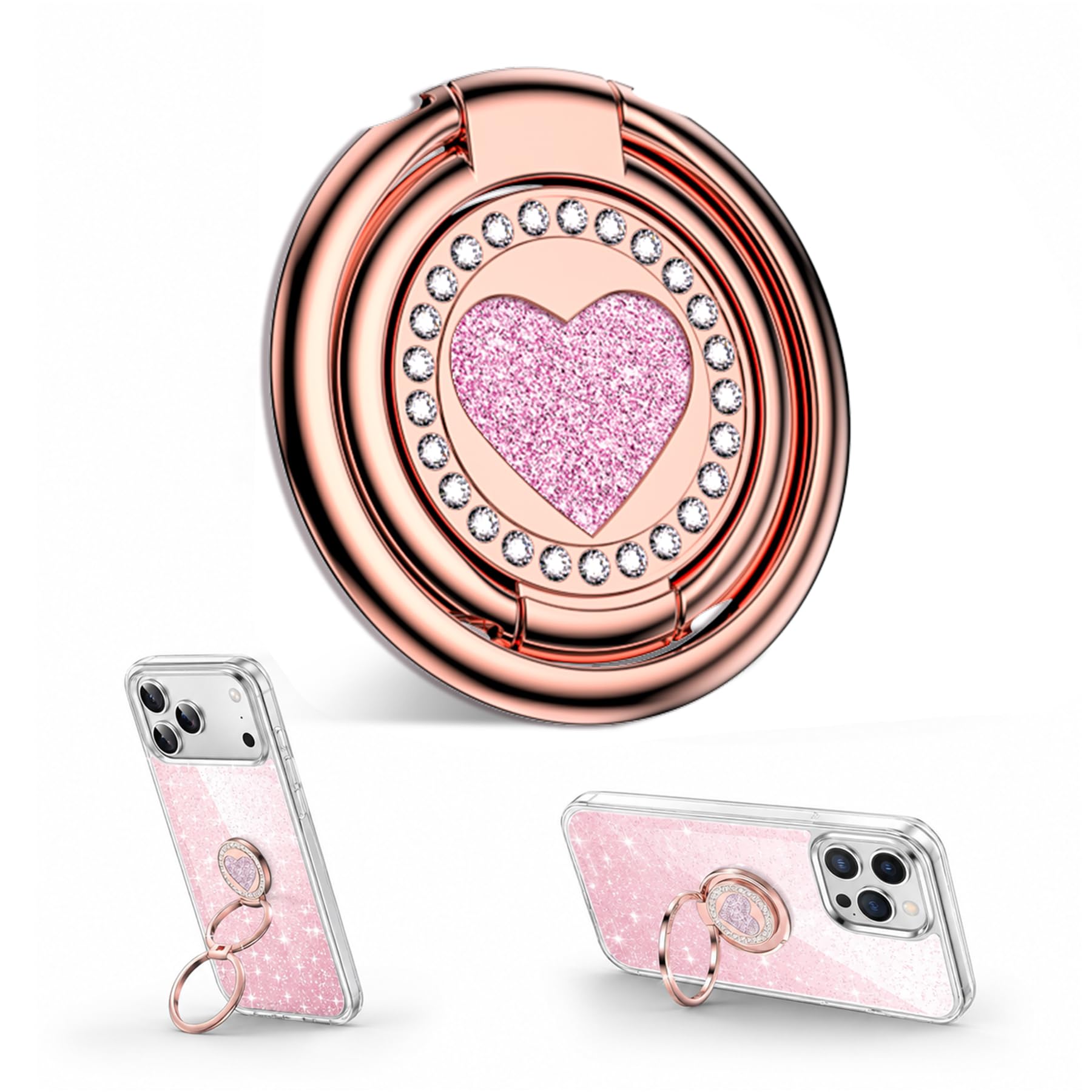 Rockaway Luxury Heart Phone Ring Holder, 360° Rotate Double Ring Stand, Two-Way Kickstand Metal Grip for Mobile, Sparkling Rhinestone for Girls Women, Pink-image-27
