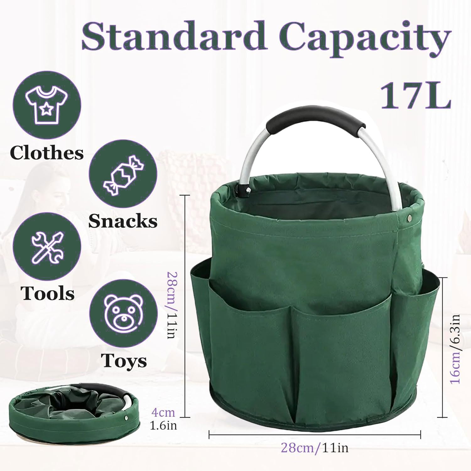 Contenitore per la Pulizie con Manico - Pieghevole, Borsa per Attrezzi da Giardino, con 6 Tasche Esterne, per Kit di Attrezzi da Giardino, Accessori per la Pulizia, Casa, Verde