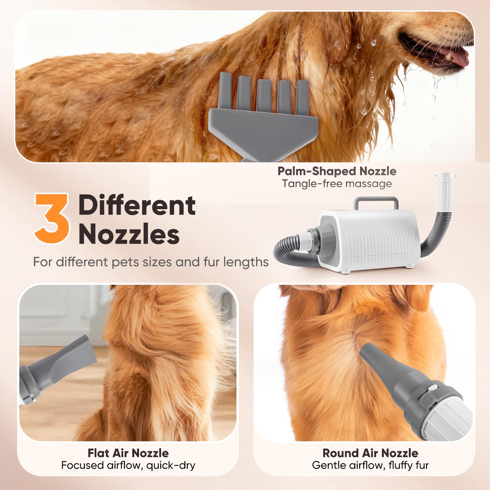 Pulseur pour Chien, Puissant Sèche-Cheveux pour Chien Blower avec Vitesse et Température Réglables, 3 Embouts, Tuyau Flexible, écran LCD, Souffleur pour Chiens et Chats de Toutes Tailles