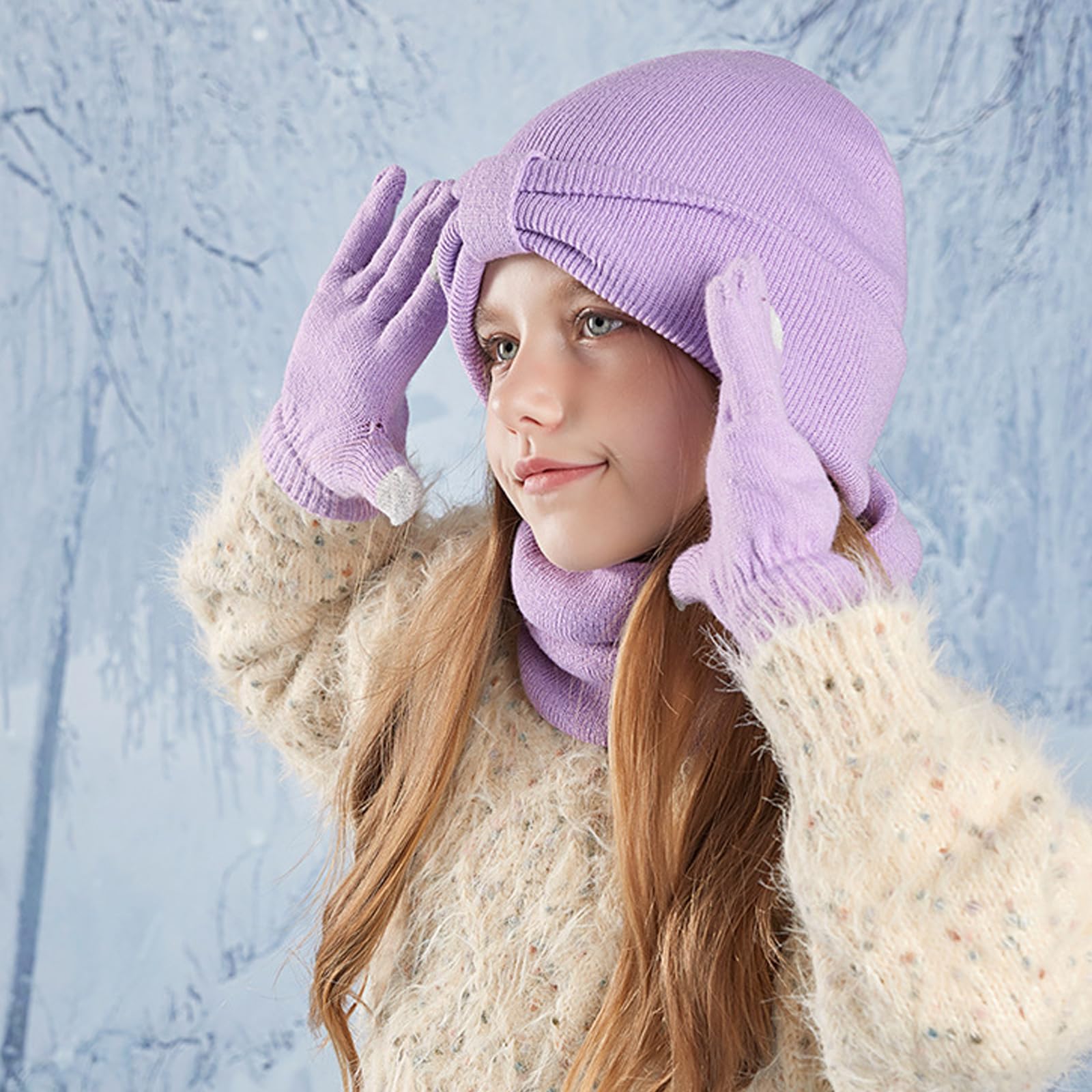 Conjunto de Gorro Bufanda y Guantes 3 en 1 para Niños Invierno 3PCs Púrpura