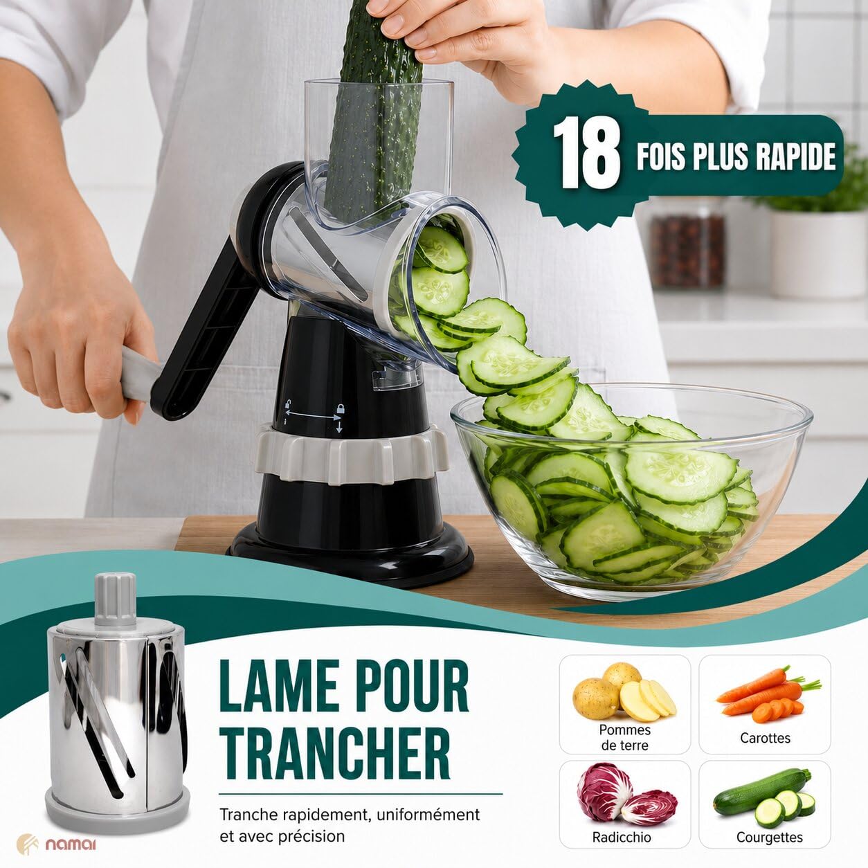 NAMAI - Rapeuse Legume Avec 3 Tambours en Acier Et 1 Piston