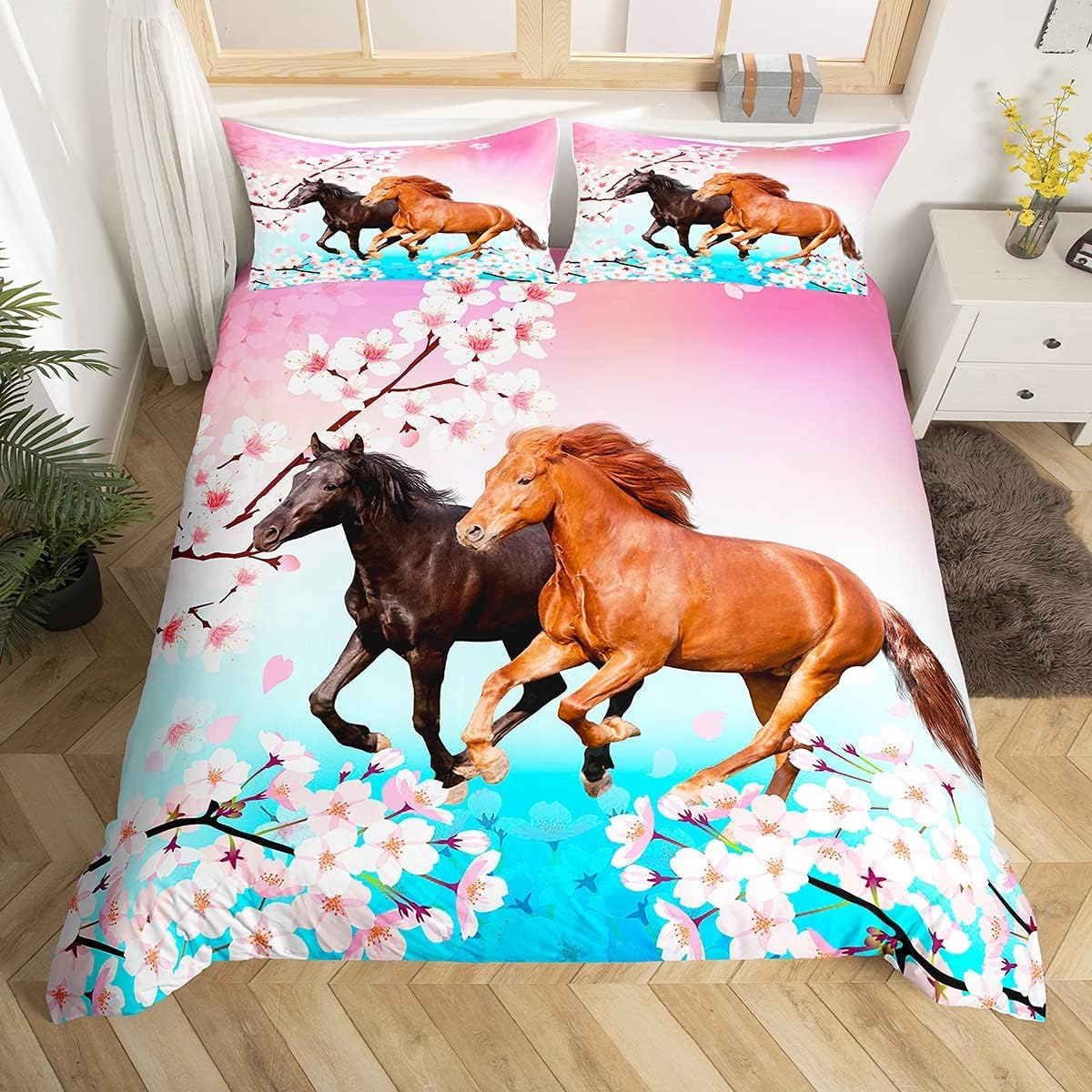 Parure de lit cheval et fleurs pour fille cadeau d'anniversaire idéal housse couette simple