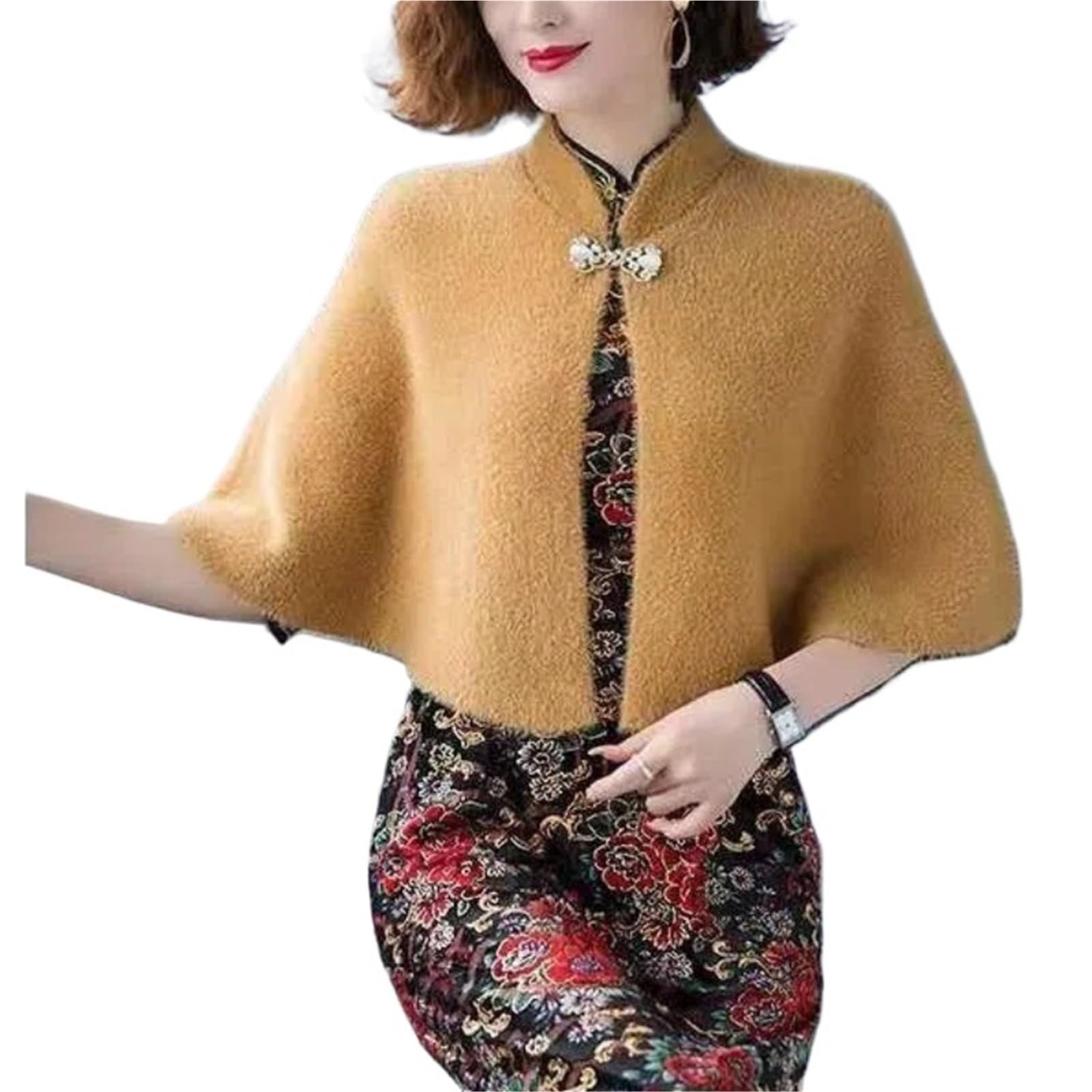 Poncho Invernali in Lana Cheongsam Mantelle Autunno Donna Solido Colletto Alto Un Bottone Temperamento Top