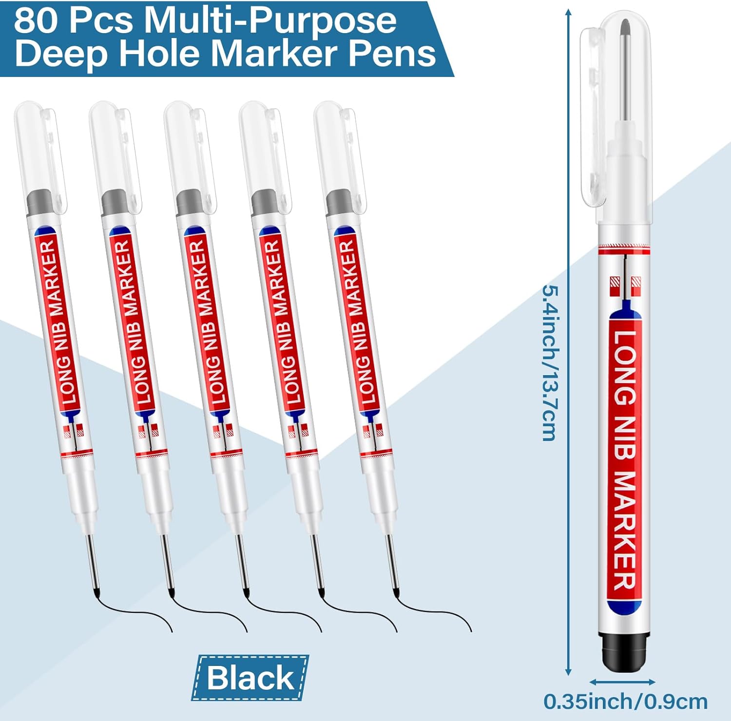 80 Pcs Multi-purpose Deep Hole Marker Pens Long Head Drill Deep Nib Marker Waterproof Mechanical Carpentry Pen for Woodworking Machinist Bathroom Construction Hardware Decoration (Black)