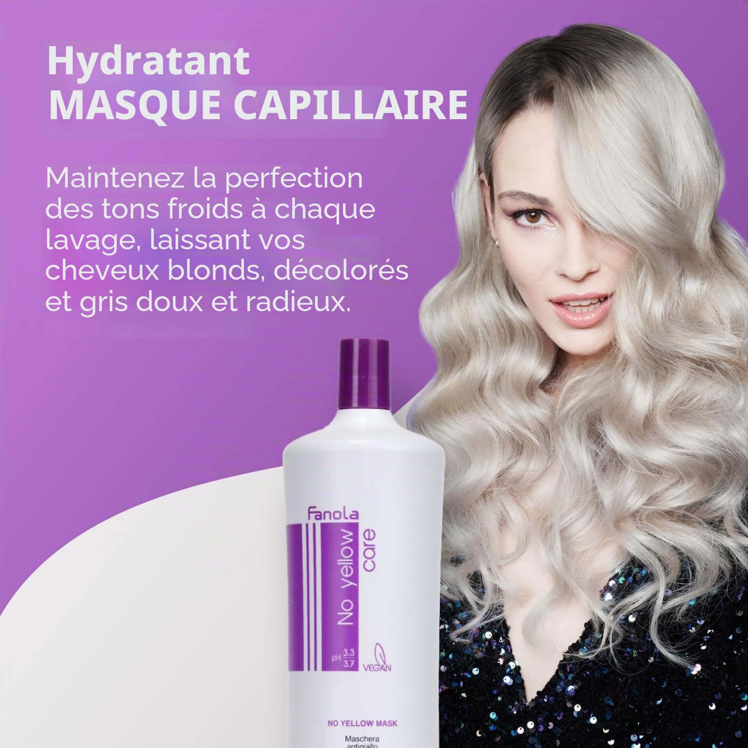 Fanola masque NO YELLOW anti-jaune 350 mL - spécial cheveux gris, rincés, colorés, mèches, blond clair - pigment violet neutralise les indésirables jaune - professionnel
