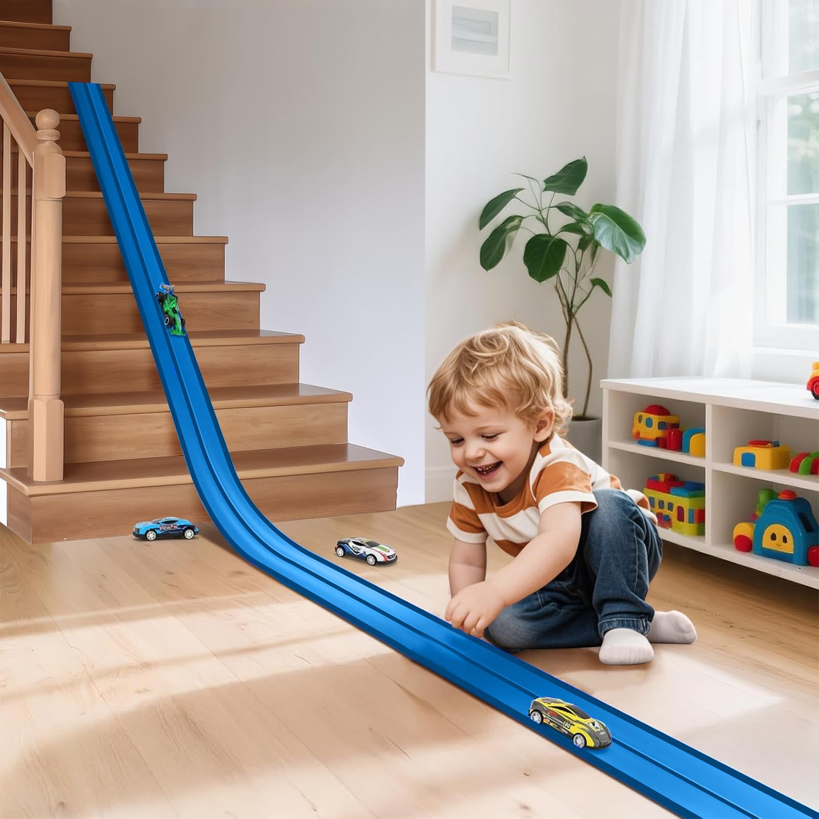 Autorennbahn Rennbahn 4.5M für Hot Wheels, Flexible Rennstrecke Auto Autorennbahn Rennbahn Spielzeug ab 3 4 5 6 Jahre,Rollt Auf Tragbare Dual Rennstrecke Bahn für 1/64th Autos