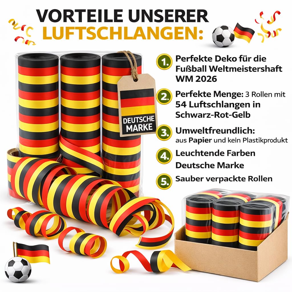 Carpeta 54 Luftschlangen Deutschland Deko WM 2026 Party Schwarz Rot Gold Flagge 3 Rollen