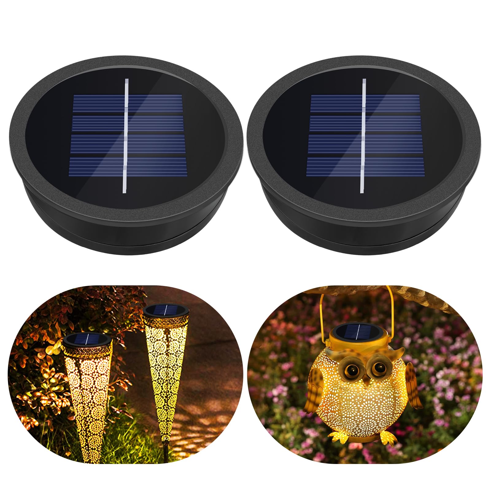 2er-Pack Solar Ersatzdeckel 7 cm für Solarleuchte Außenlaternen, 1.2V 600 mAh, IP44 wasserdicht mit warmem Licht, LED Solar Ersatzaufsatz für Außen Gartenlaternenlampe
