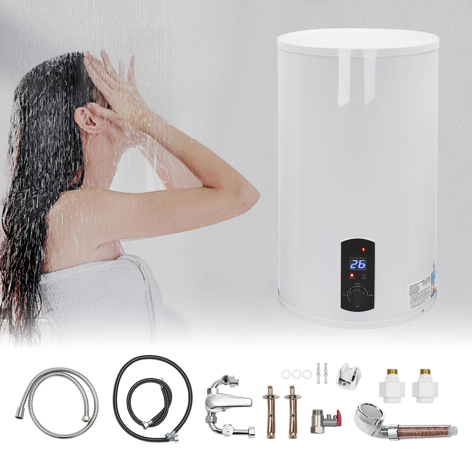 Scaldabagno elettrico, scaldabagno 230 V, scaldabagno istantaneo per doccia e cucina 2000 W, scaldabagno verticale 70 litri, IPX4, per cucina, bagno, ripostiglio, garage