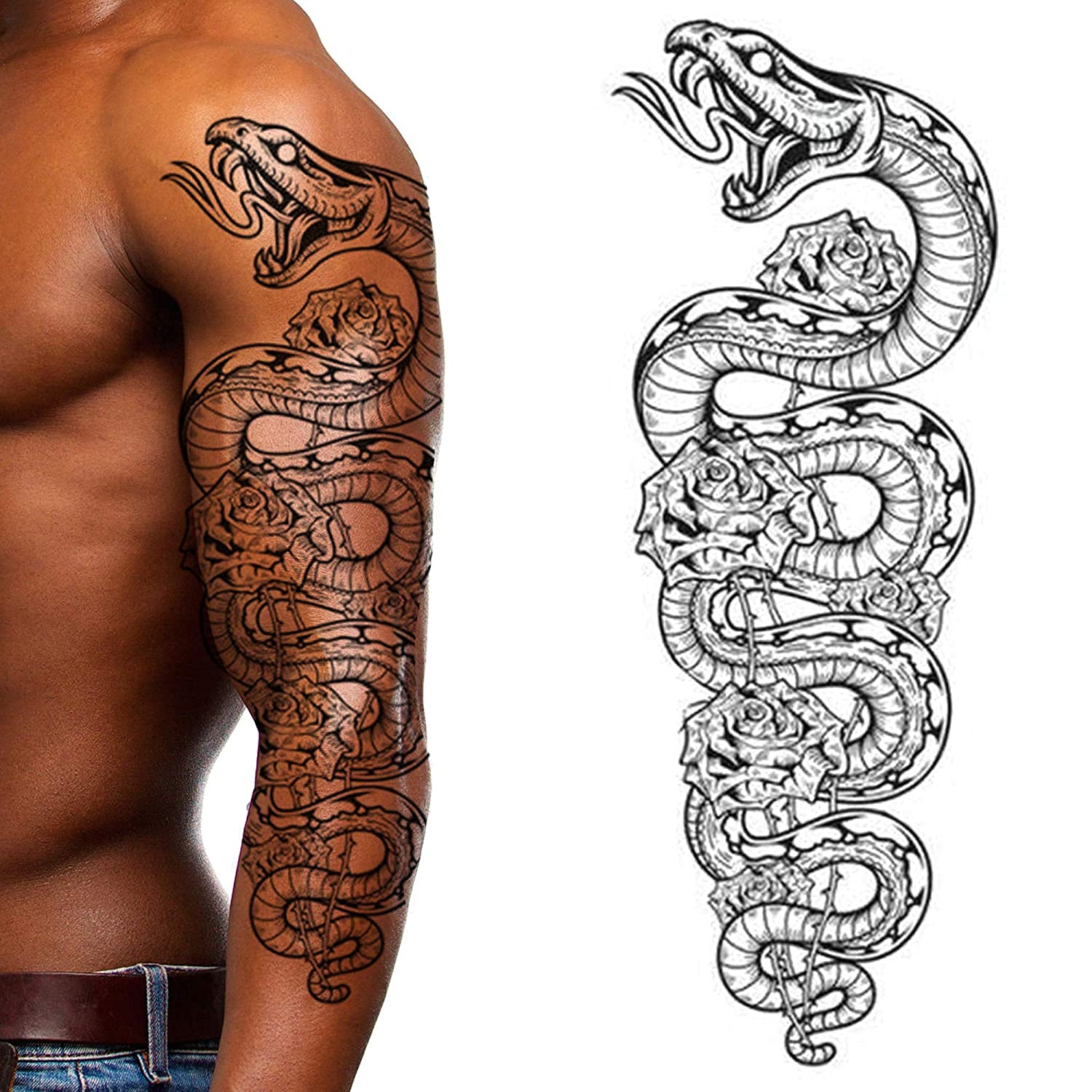 Snake python large temporary tattoo full arm roses stick on body art transfer for women and men cosplay halloween adult temp fake tattoo biker rocker fancy dress party cosplay - Image 4