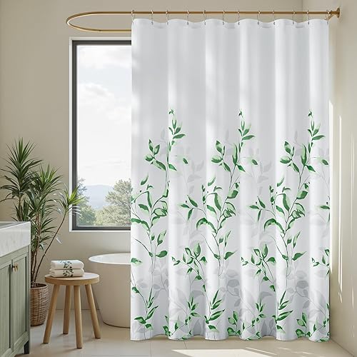 HOMEIDEAS Cortina de ducha verde de 72 x 72 pulgadas, cortinas de ducha de tela impermeable con patrón de hojas para baño con ganchos, lavable a