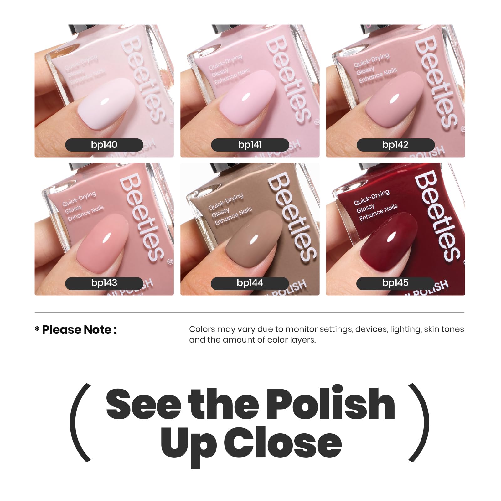 Beetles - Juego de 6 esmaltes de uñas color nude, mousse de coco, de secado rápido, color rosa, de larga duración, neutro, marrón, rojo, borgoña, esmalte oscuro, brillante, para resultados de calidad 7