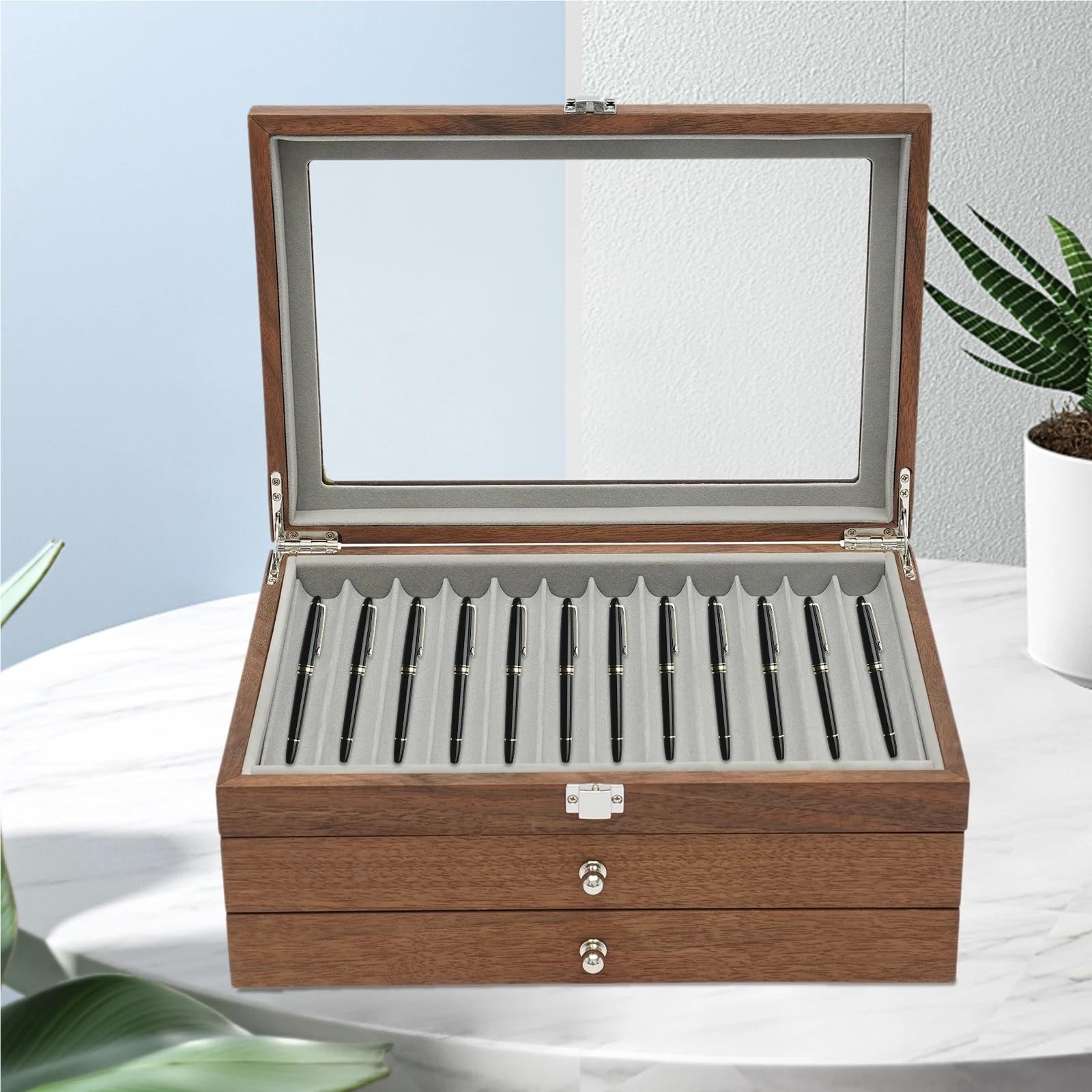 Espositore in legno a 3 livelli for 34 penne stilografiche, con scomparti, for cancelleria, espositore for Per Ufficio Casa