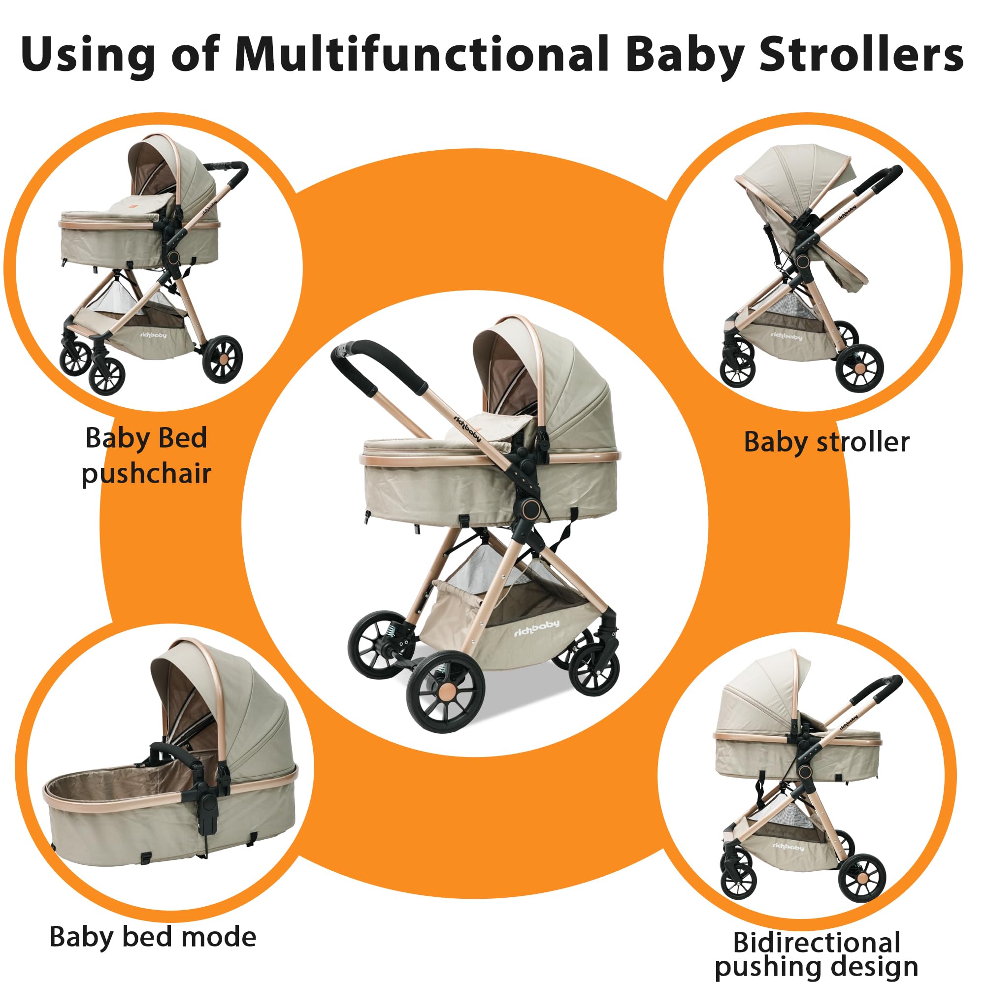 Passeggino 2 in 1 con navicella, compatto, pieghevole, protezione UV (crema