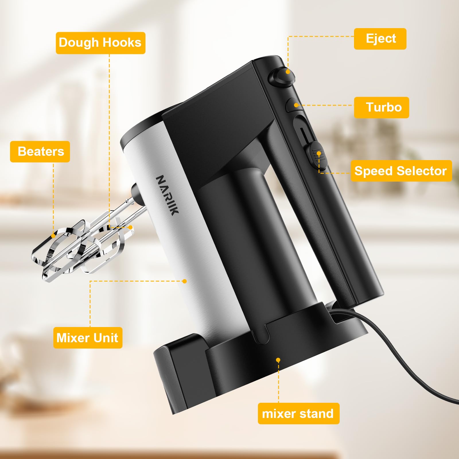 Mezclador de mano eléctrico, mezclador de mano de cocina de 600 W, velocidad Turbo Boost/autocontrol + 5 velocidades + botón de expulsión + batidores de mano de acero inoxidable x 2 y ganchos de masa