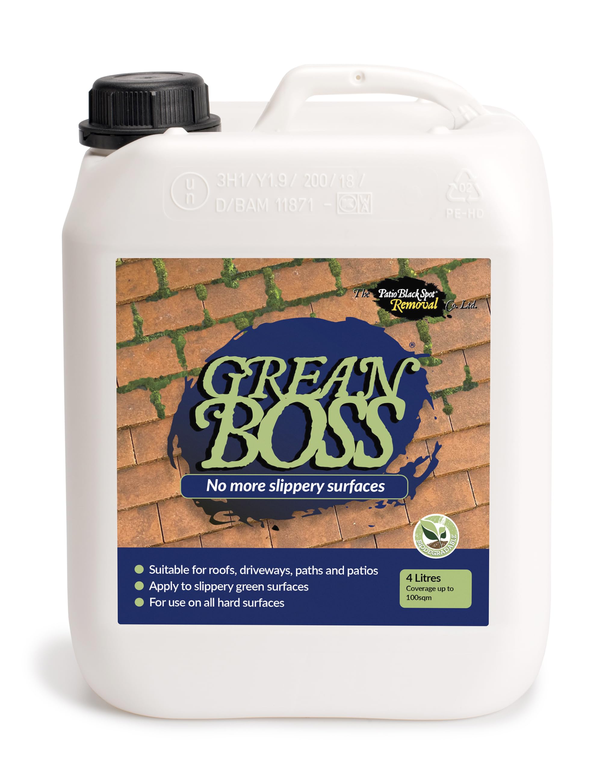 Grean Boss, Remover - Green Control, Make Slippery Hard Surfaces Safe - Paths, Driveways, Patios, Roofs, Stonework or Artificial Lawn - Wet or Dry - 4 litres