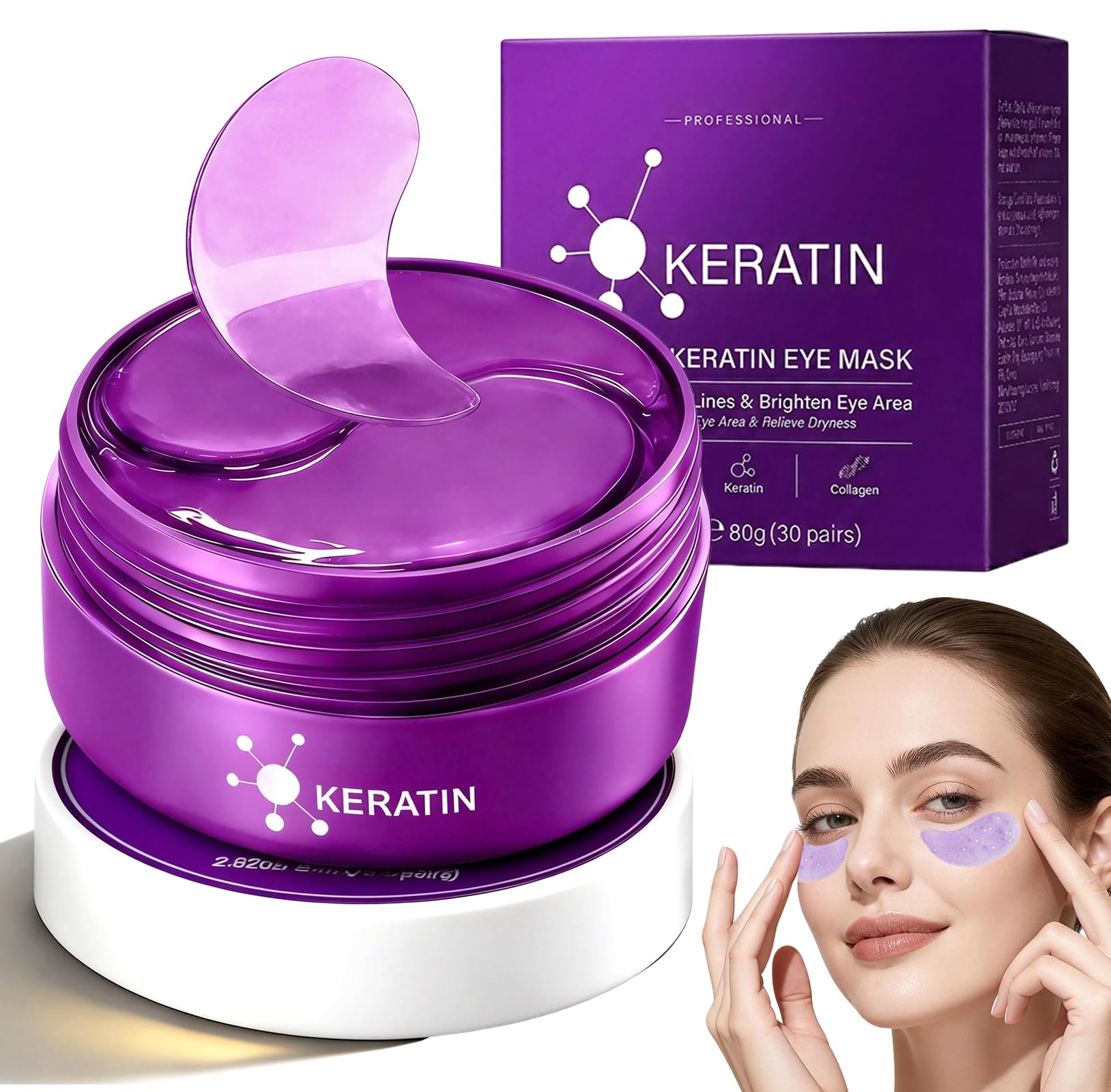 60 Stück Keratin Augenpads,Mild pflegende Augenmaske,Deep Hydration Feuchtigkeitsspendende Augenpads,Glättet & Beruhigt trockene Augenpartie,Hellt den Augenbereich auf(Lila)