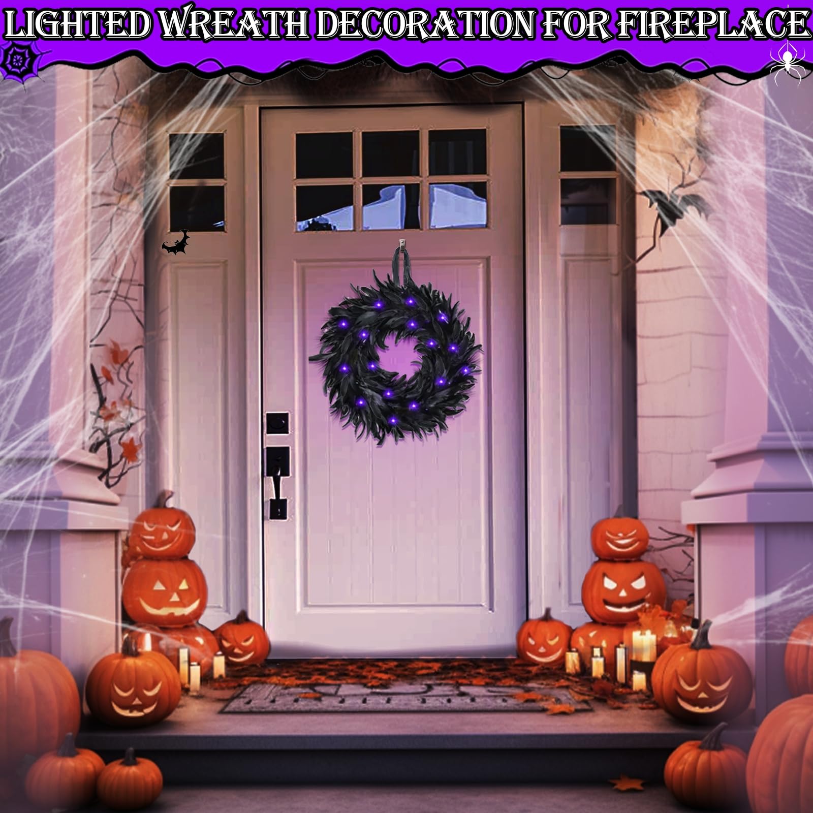 [ Prelit & Timer ] TURNMEON 18 Inch Halloween Wreath Black Feather Halloween Decorations with 40 LED Purple Light,Indoor Outdoor Party Wall Decorï¼ŒHalloween Decoration Props,Trick or Treat