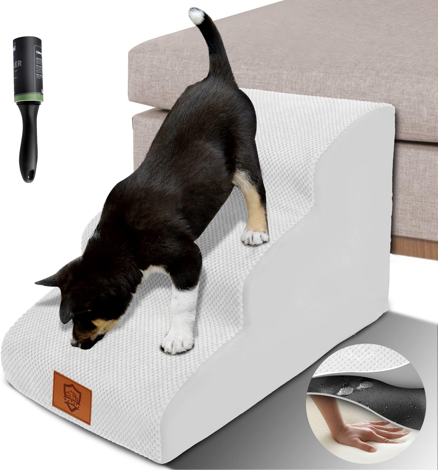 ZNM Dog Stairs, Waterproof Dog Steps with Removable Cover for Bed Sofa, Pet Ramps for Dogs to Get on the Bed, 3-step Pet Stairs with Non-slip Bottom, White - Send Lint Sticky Roller