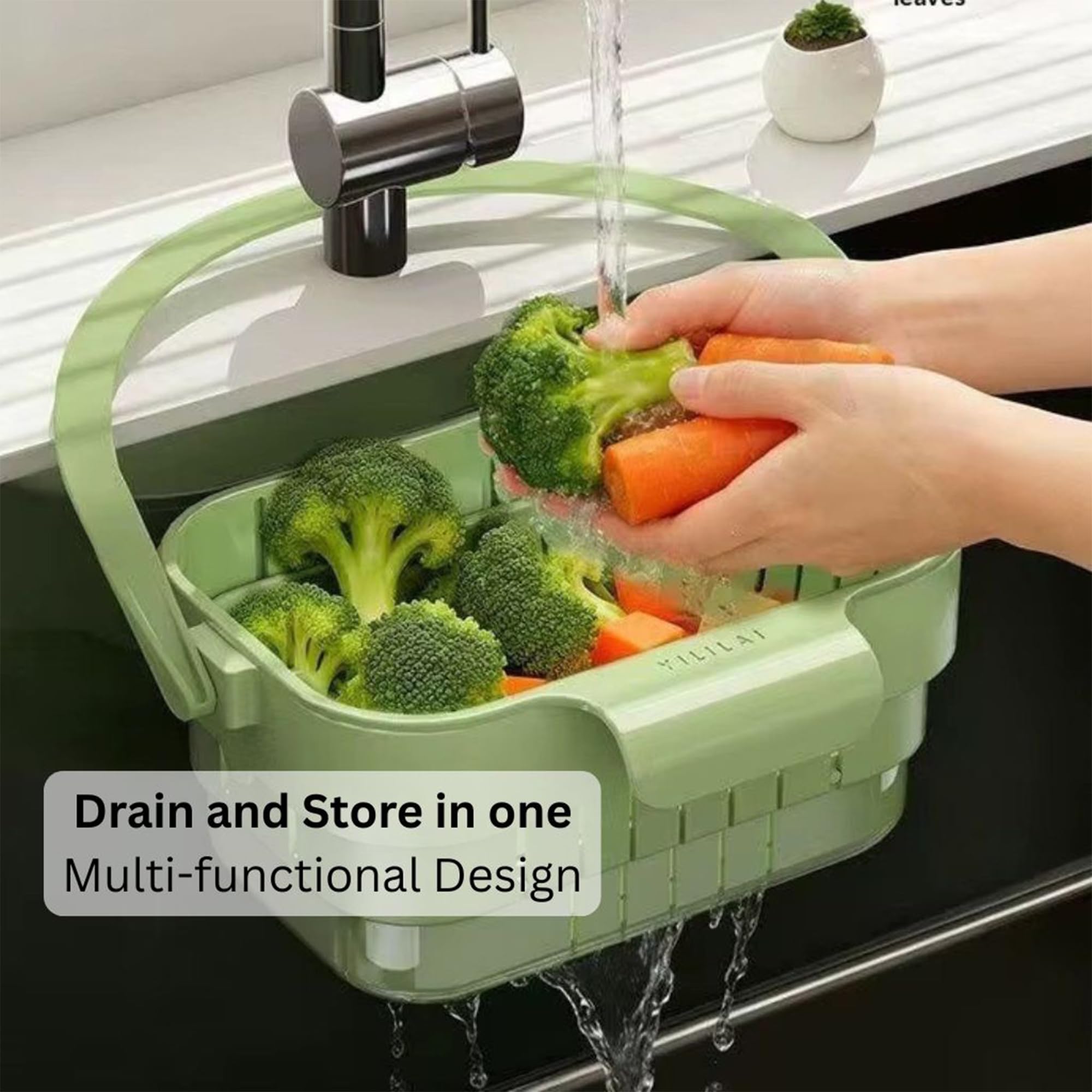 Hanging Sink Strainer Basket – Flexible Press-to-Dump Design, Multifunctional Kitchen Drain Catcher For Food Waste & Produce Washing (Green)