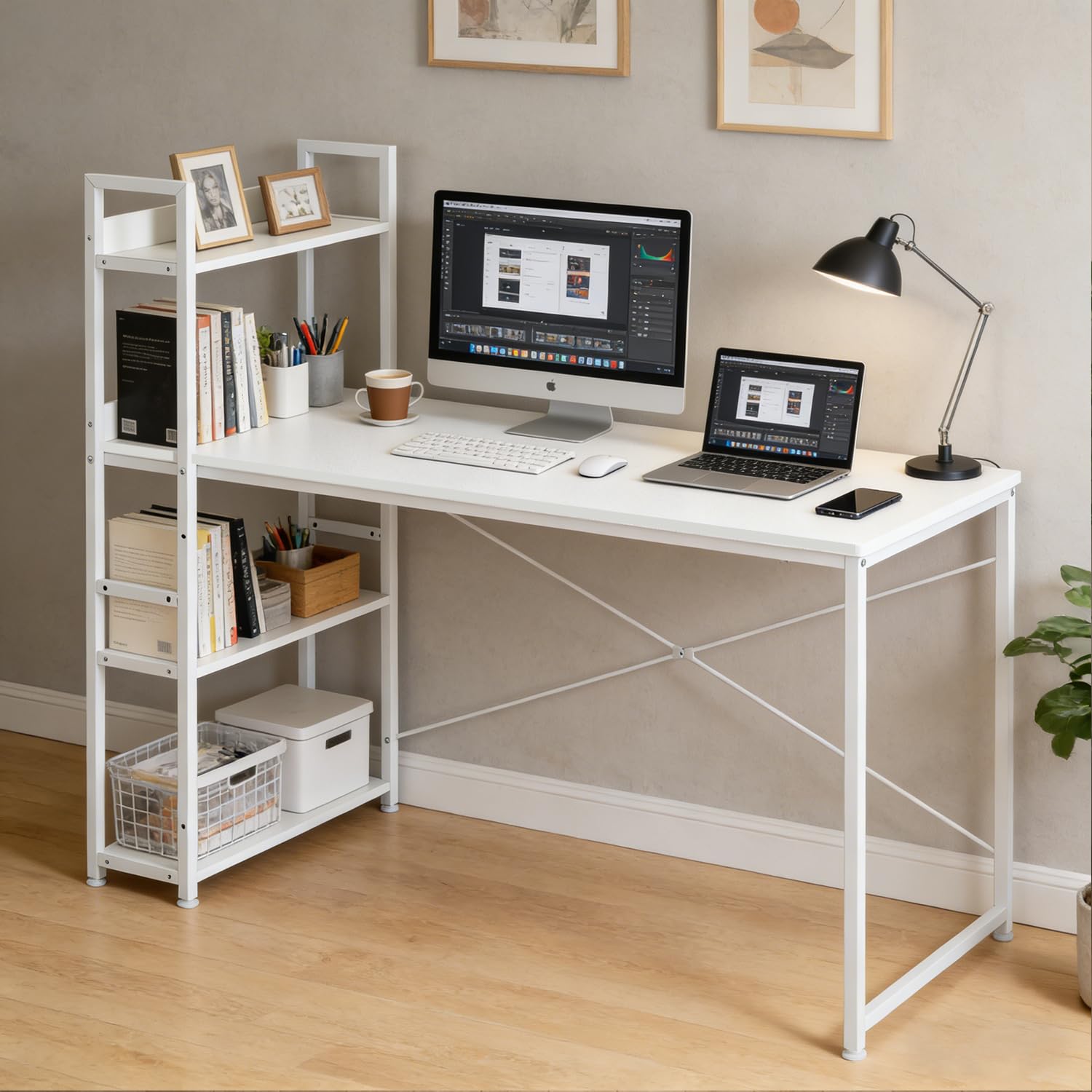 DUMOS Scrivania per computer, scrivania da ufficio con supporto per cuffie e custodia, piccola scrivania per studio, in legno, tavolo da ufficio per casa e ufficio