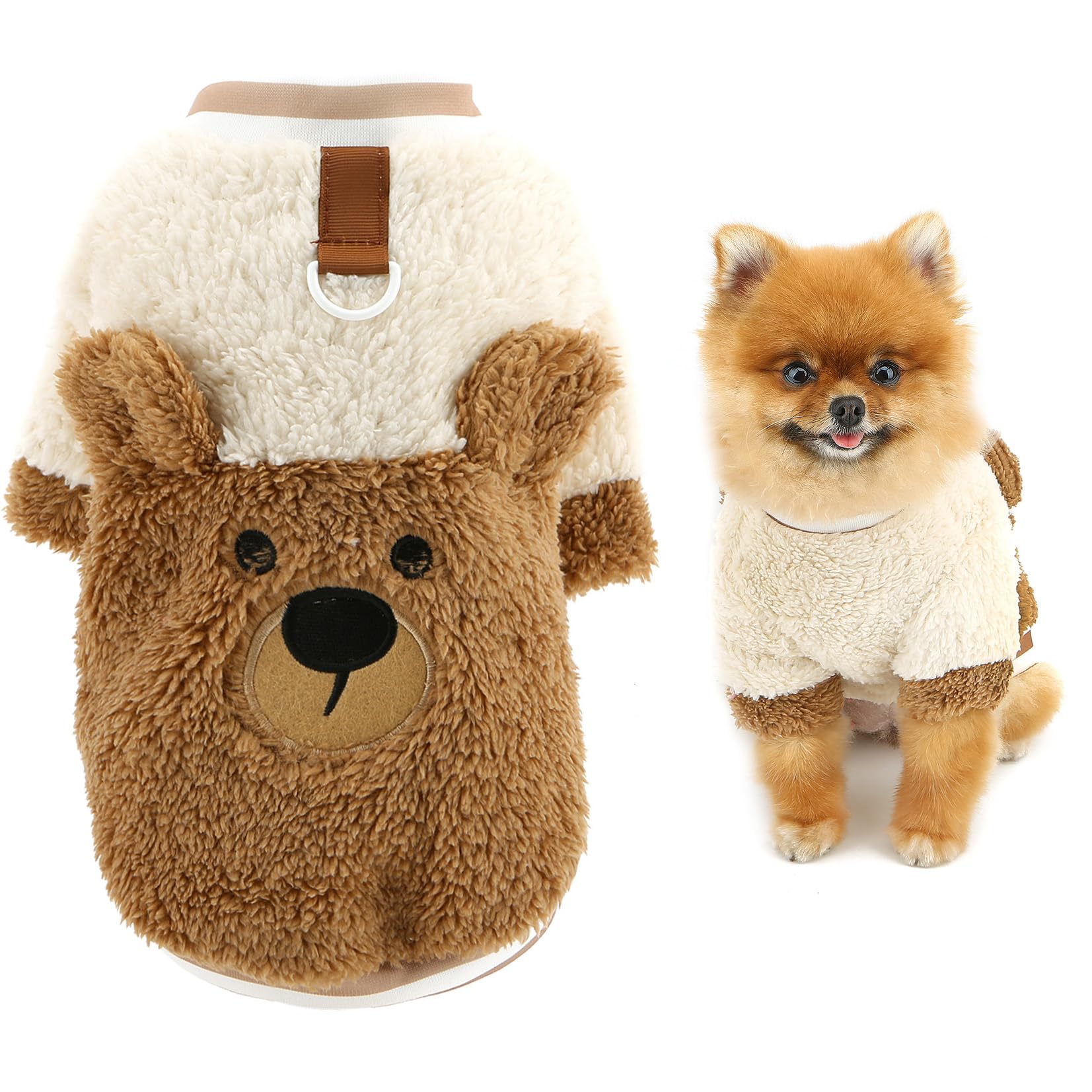 SMALLLEE_LUCKY_STORE Coral Fleece Dog Jumper with D-Ring Extra Small Puppy Sweater Pullover Vest Warm Cozy Pet Sweatshirt Winter Autumn Cute Bear Pattern Chihuahua Yorkie Cat Clothes Brown L