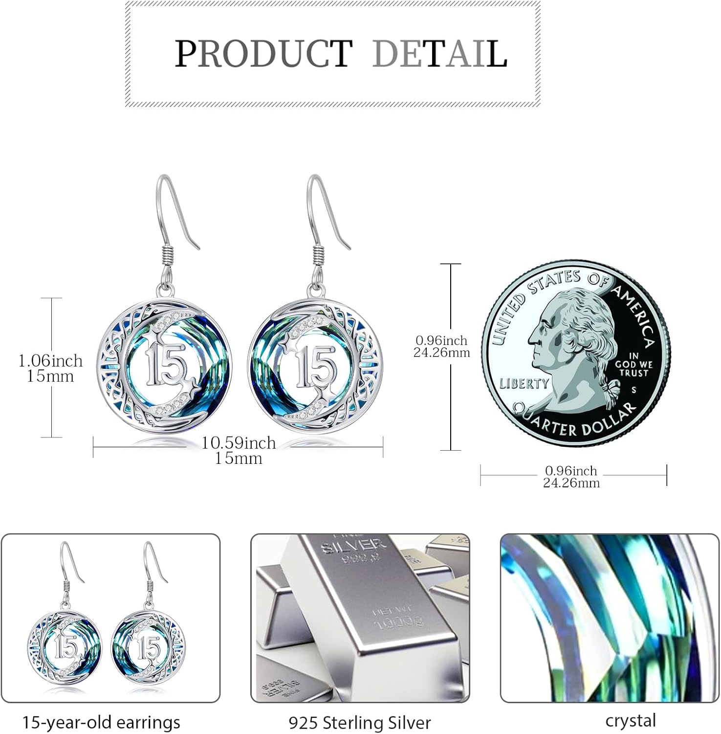 JUSTKIDSTOY Birthday Gifts Earrings for Daughter 925 Sterling Silver Birthday Gift Earrings Celtic Moon Star Leverback Dangle Drop Earrings Blue Crystal Jewelry for Women Sister - Image 4