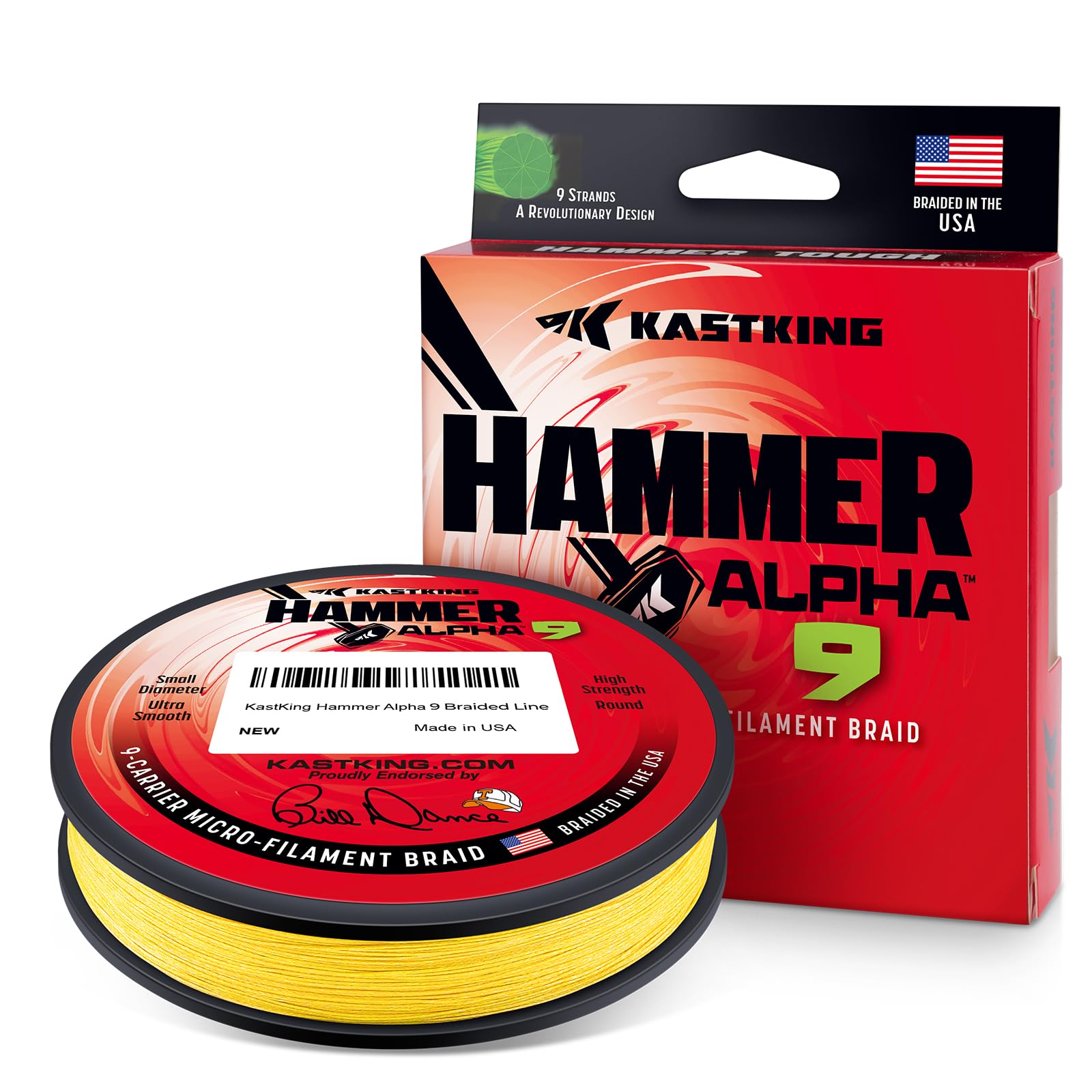 KastKing Hammer Alpha 9 UHMWPE Braided Fishing Line - Made in The USA, Strong and Smooth, Round, 9-Carrier, Colorfast Braided Fishing Line, Perfect for Most Fishing Reel and Finesse Applications