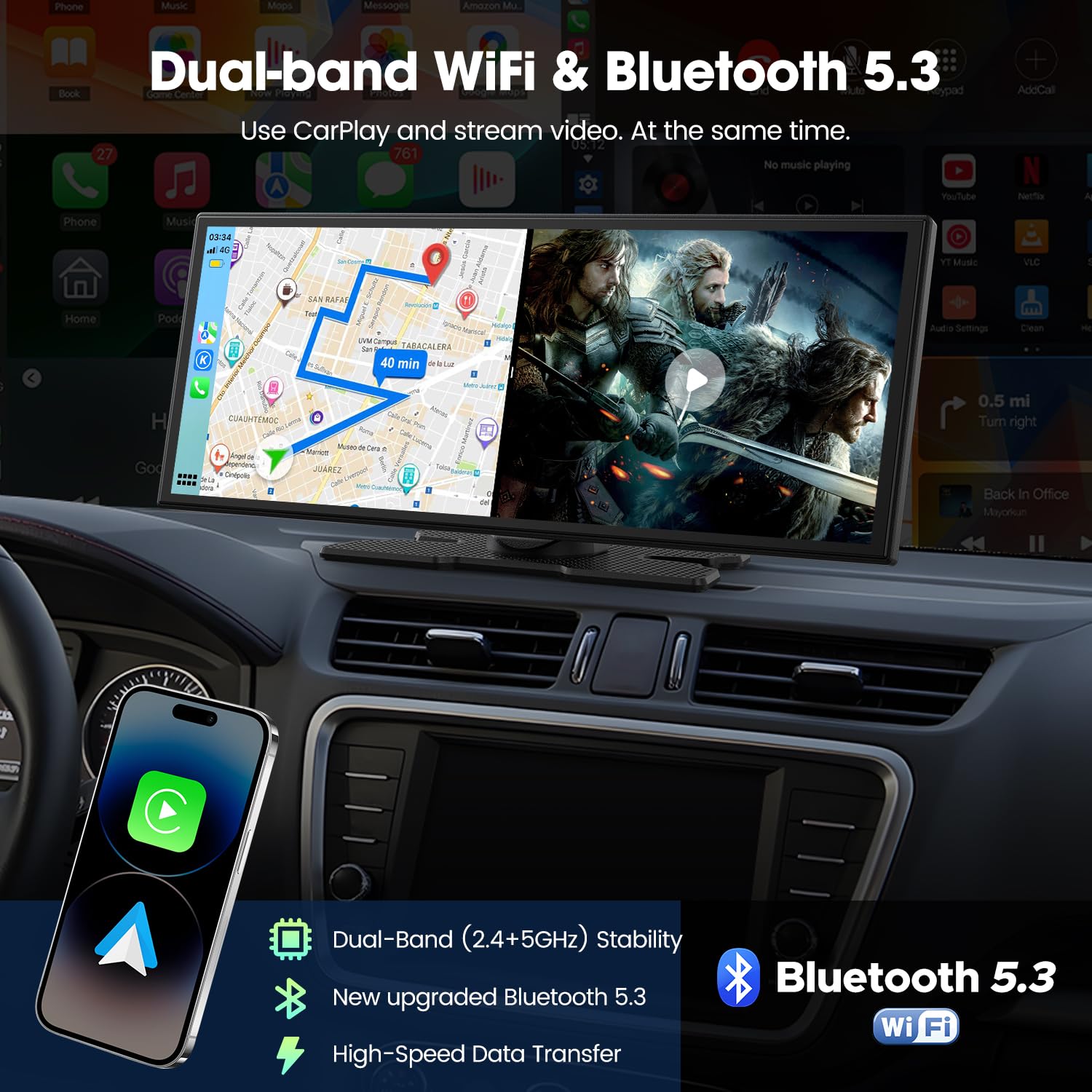 LAMTTO Écran CarPlay Voiture 10.25 Pouces, Autoradio Portable sans Fil avec Youtube Netflix TikTok, Apple CarPlay & Android Auto, Caméra de Recul, Bluetooth Double, Navigation GPS, OTA, FM/AUX