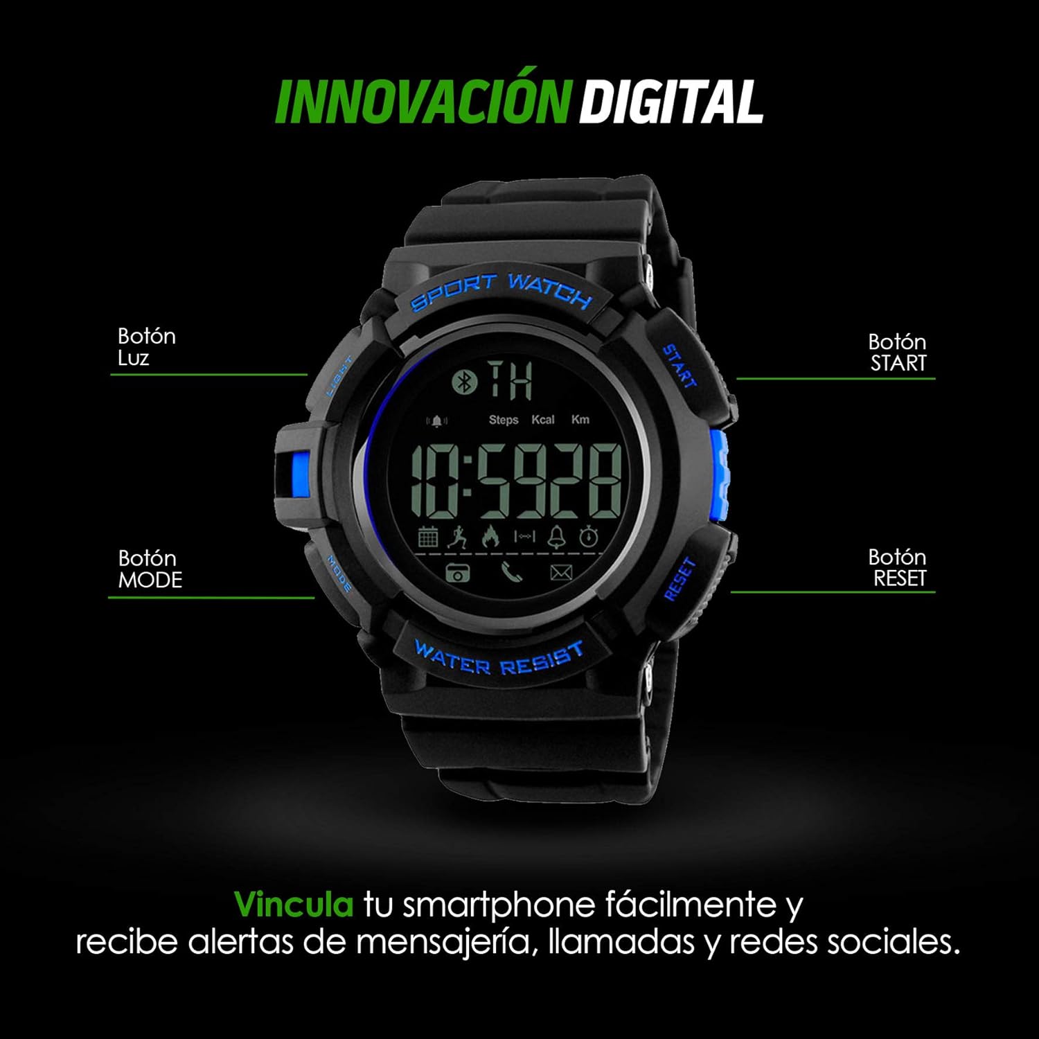 Redlemon Smartwatch 1245 display showing activity tracking data, with a person running in the background