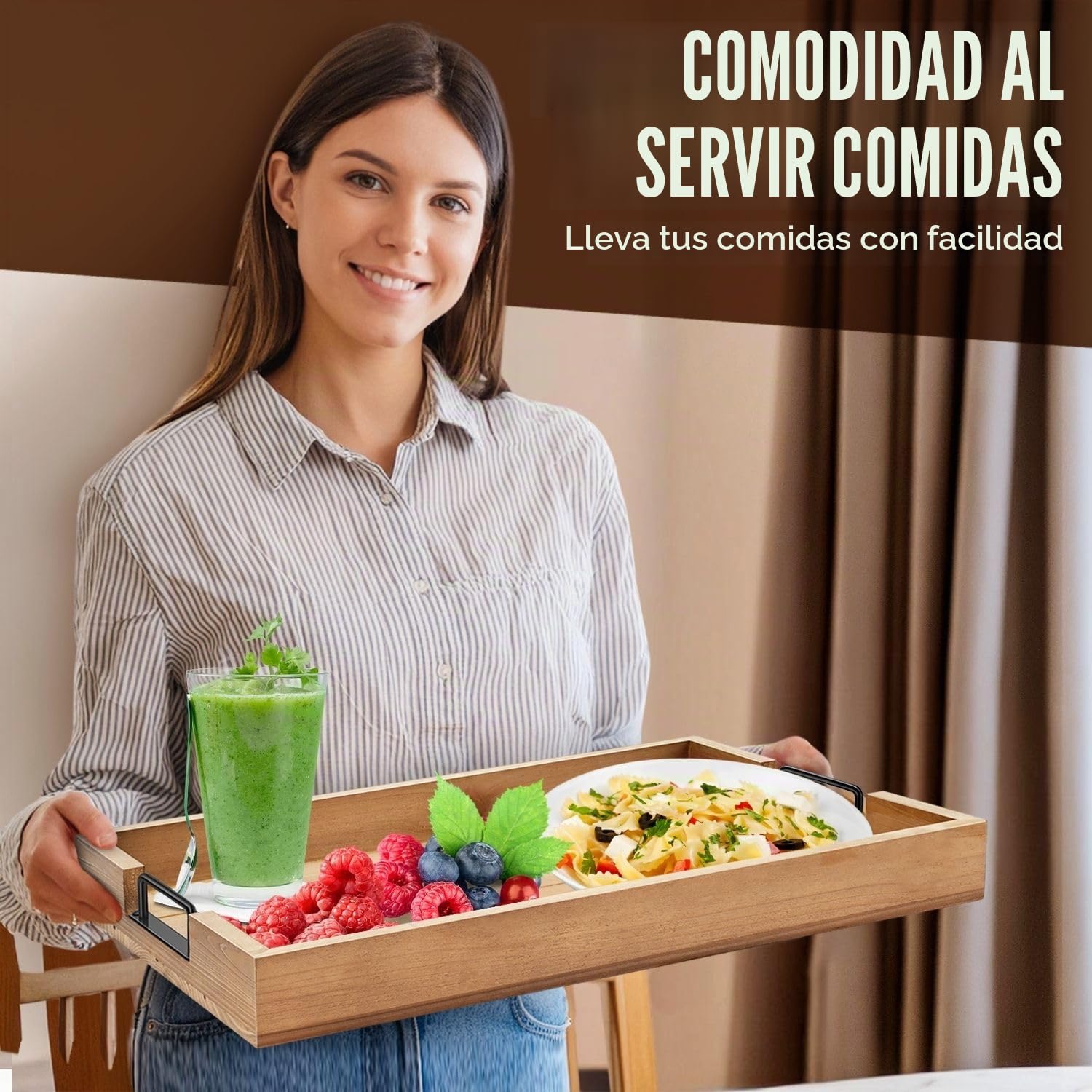 Flexzion Juego de bandejas rústicas para servir – Bandeja apilable de madera de abeto de 3 piezas con asa, bandeja de desayuno de madera, bandeja de embutidos anidada duradera para mesa de café