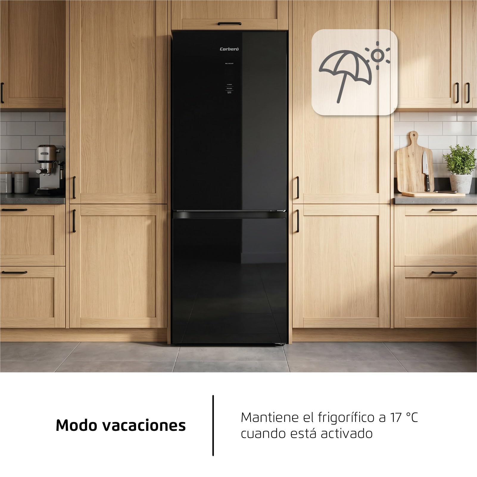 Corberó - Frigorífico Combi | CCHGL186NFN | 400 Litros | 187 cm | No Frost | Funciones Super, ECO y Vacaciones | Fresh Box | Cristal Negro