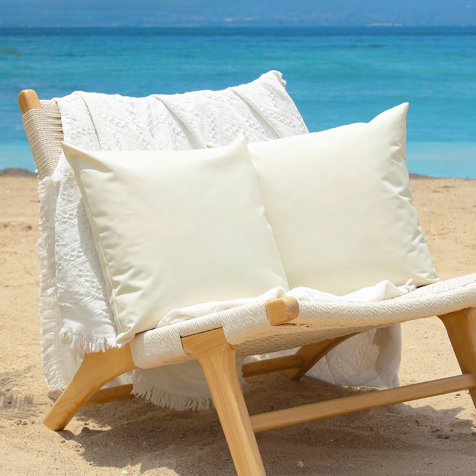 Snugtown 20 x 20 Inches Outdoor Waterproof Solid Throw Pillow Covers, Outside Water Resistant Square Cushion Cases for Patio Lawn Balcony Couch Sofa, Pack of 2, Ivory