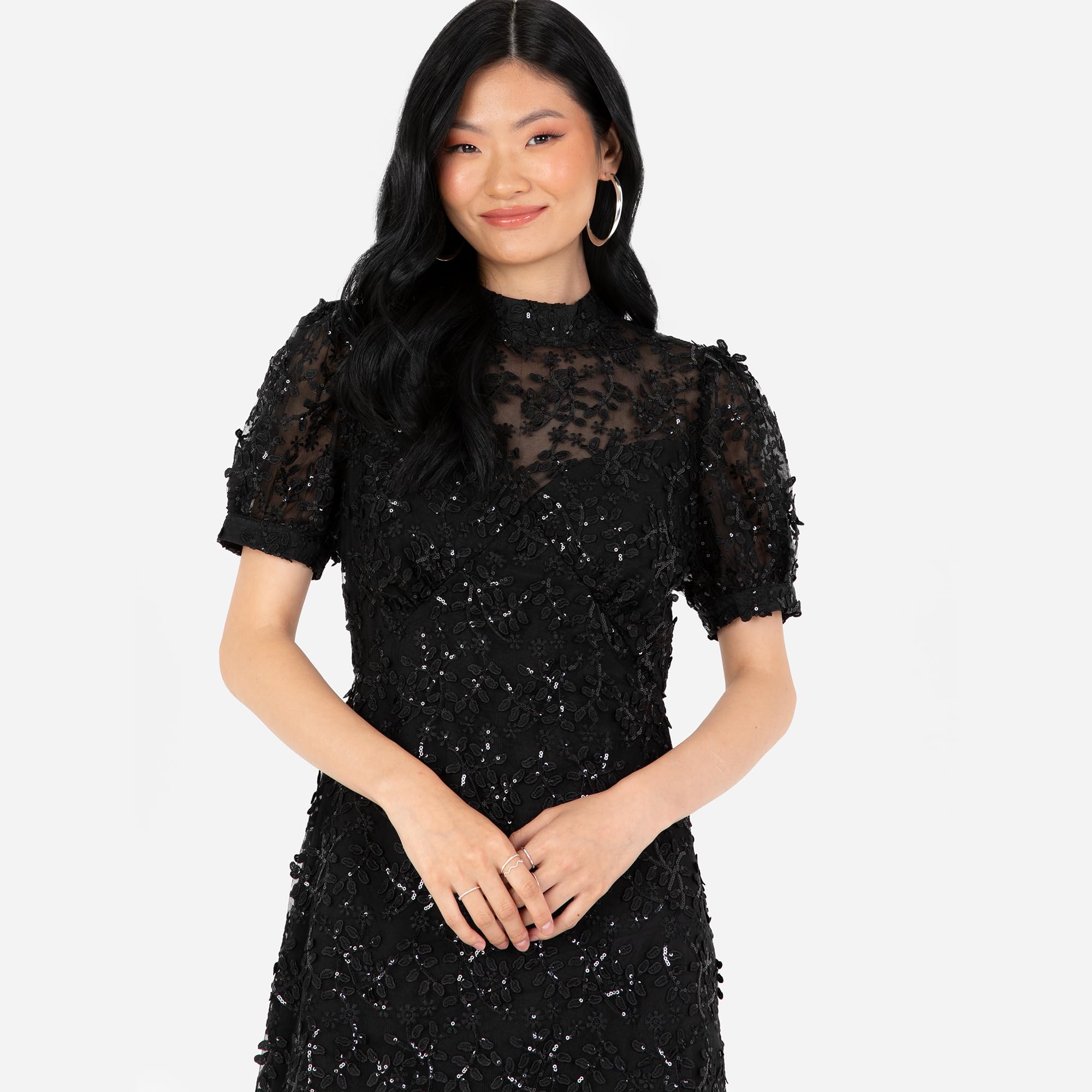 Maya Deluxe Women's Embroidered Dress for Ladies Sequin Embellished Midaxi Floral High Neck Wedding Guest Ball Evening Cocktail