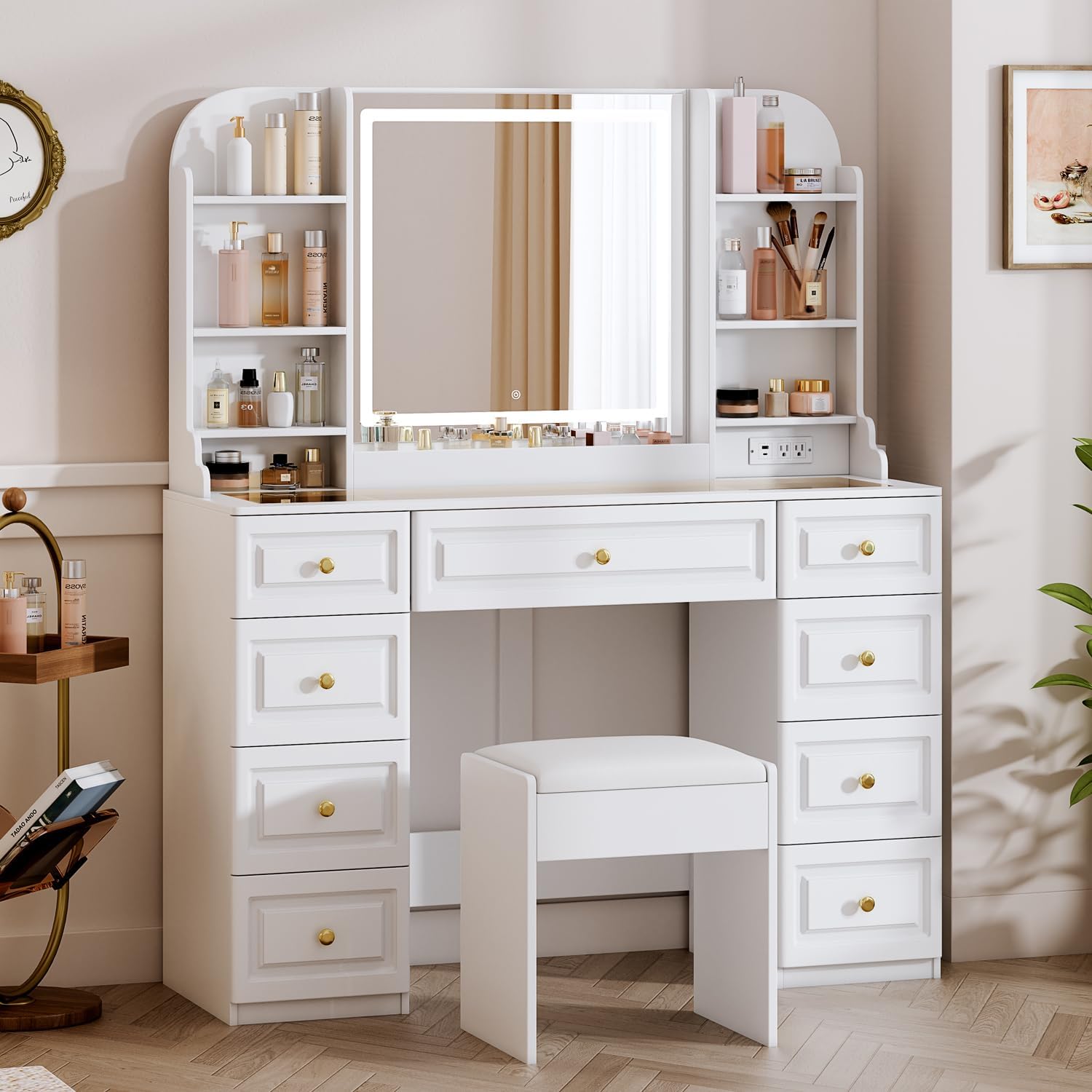 Vanity Desk & Power Outl,Makeup Vanity with mirror and