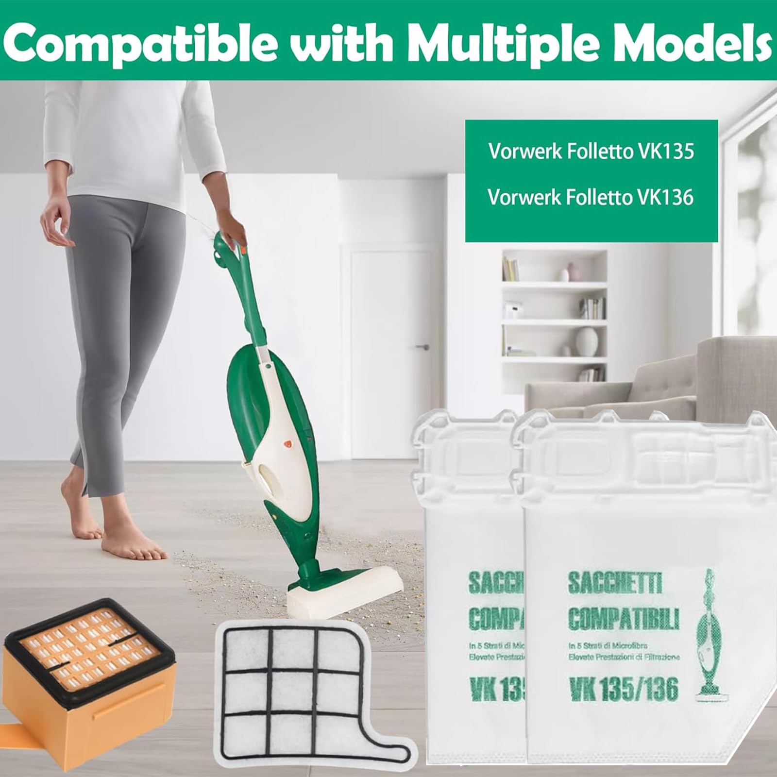 12 Staubsaugerbeutel und 2 Motorschutzfilter +2 Hygienefilter für VK Kobold VK 135 vk136