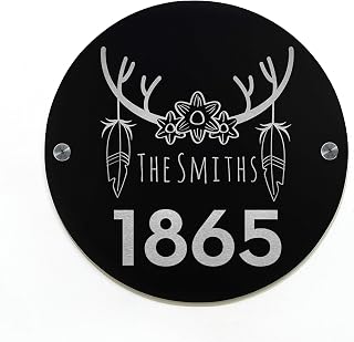 Modern House Sign Round with Black Aluminum (ACP) and Silver Fiber Laser Engraved Designs/Fonts- Home Address - Plaque - Boho Chic
