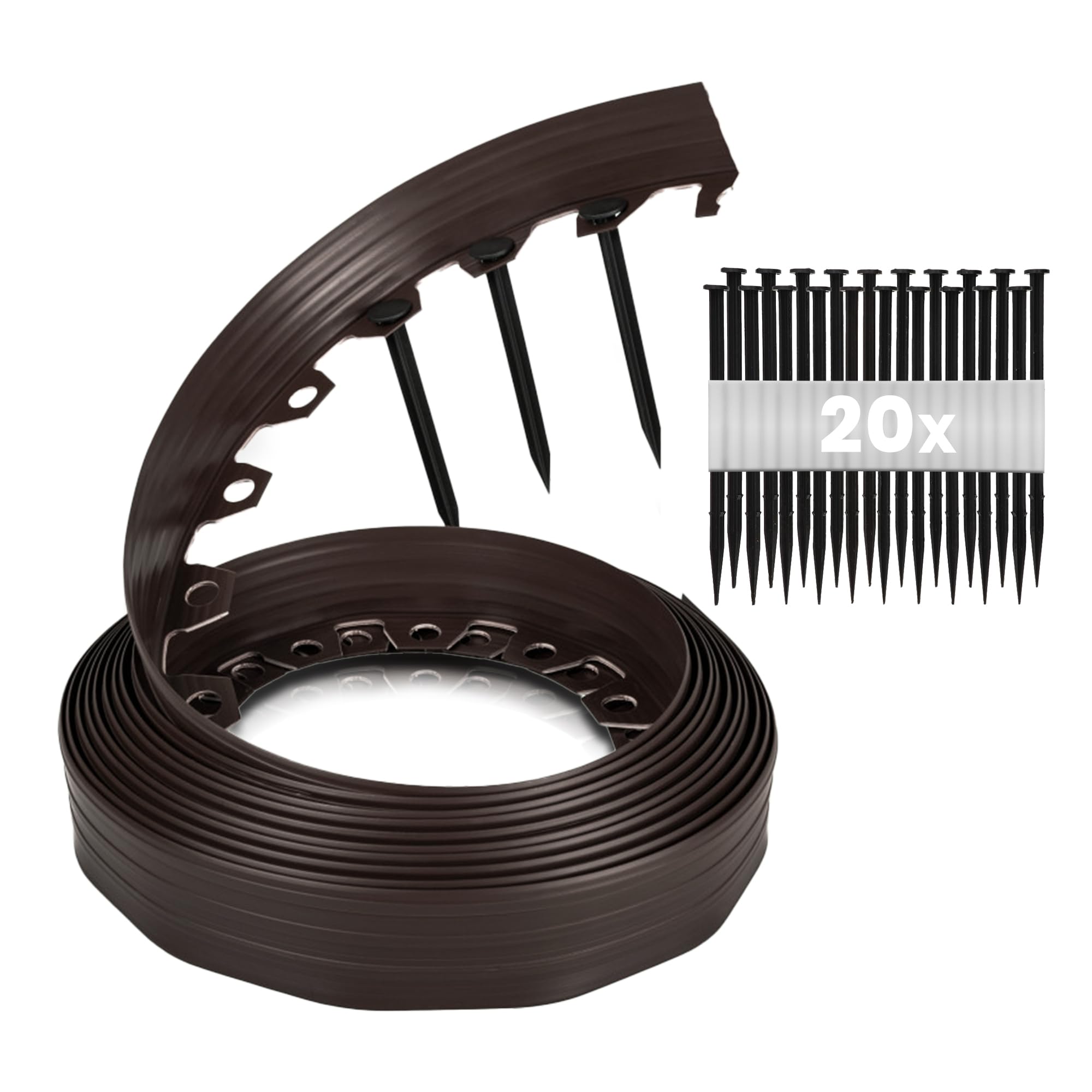 GARDENIX Flexible Lawn Edging Plastic Weather Resistant Round Edging Flower Bed Edging Brown 10m 20 Pegs Height 10cm