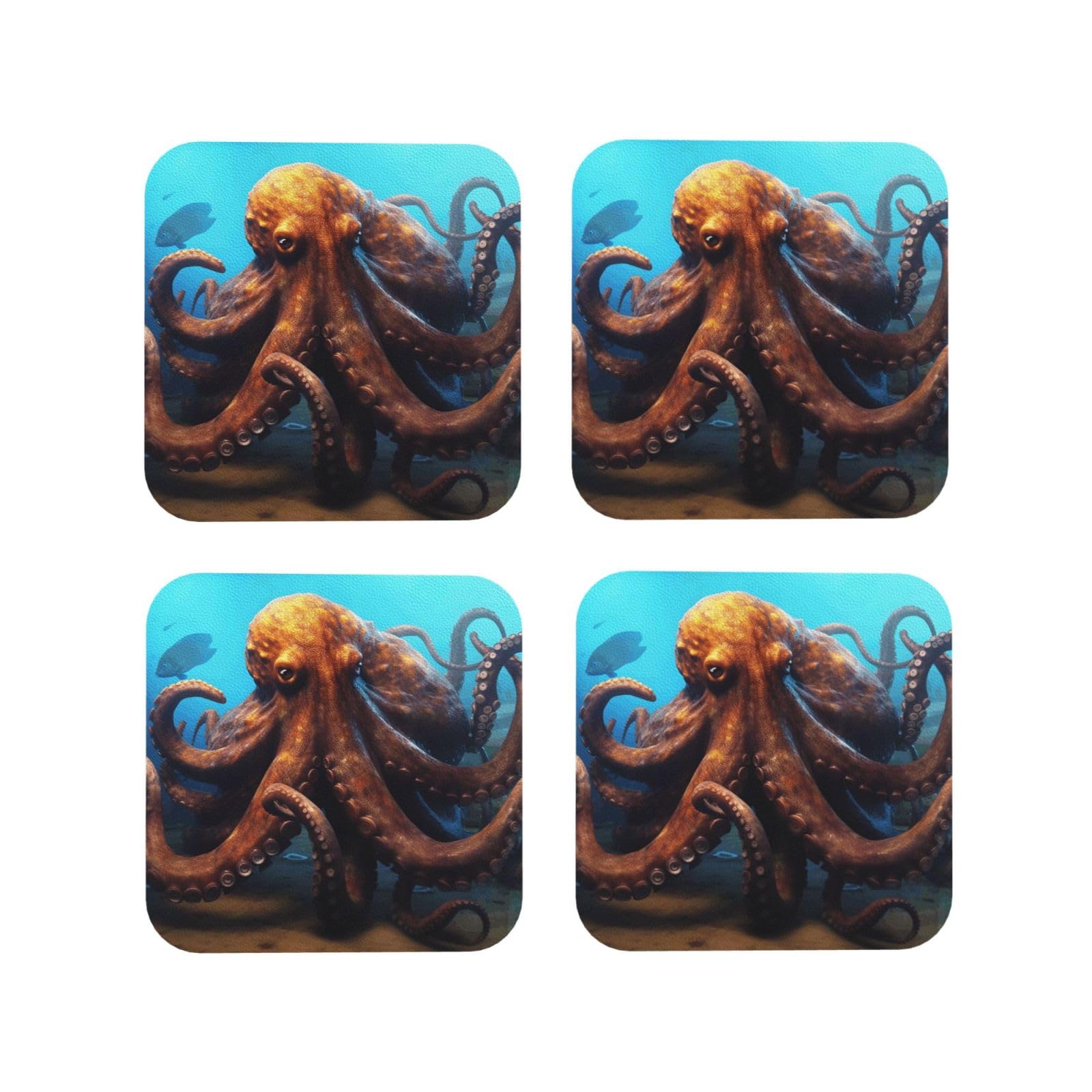 4Pcs PU Leather Coaster for Drinks, Huge Octopus Cup Coastersr 4" Cup Mat Pad, Aesthetic Drink Coasters for Coffee Table, Square Coaster for Tabletop Protection