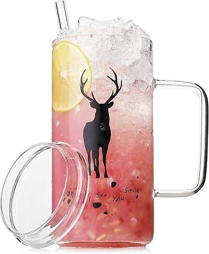 LUXU Vaso con asa, tapa y popote de vidrio, juego de 1 vasos altos de 19 onzas, vasos altos transparentes para agua, jugo, cerveza, bebidas, disponible en Yaxa Colombia