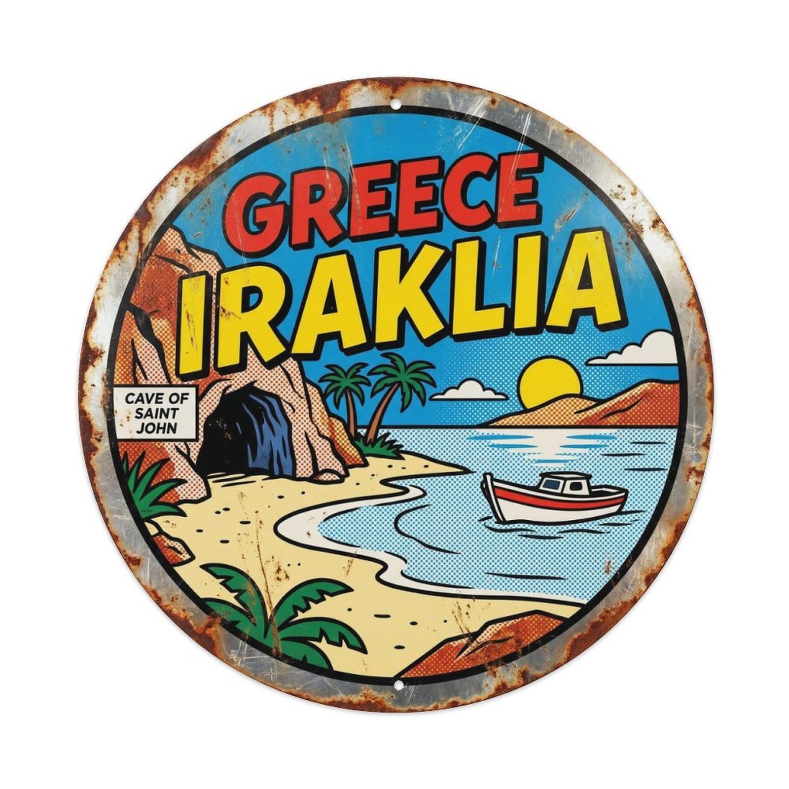 Iraklia Secluded Greek Comic Color Heritage Destination Metal Tin Sign