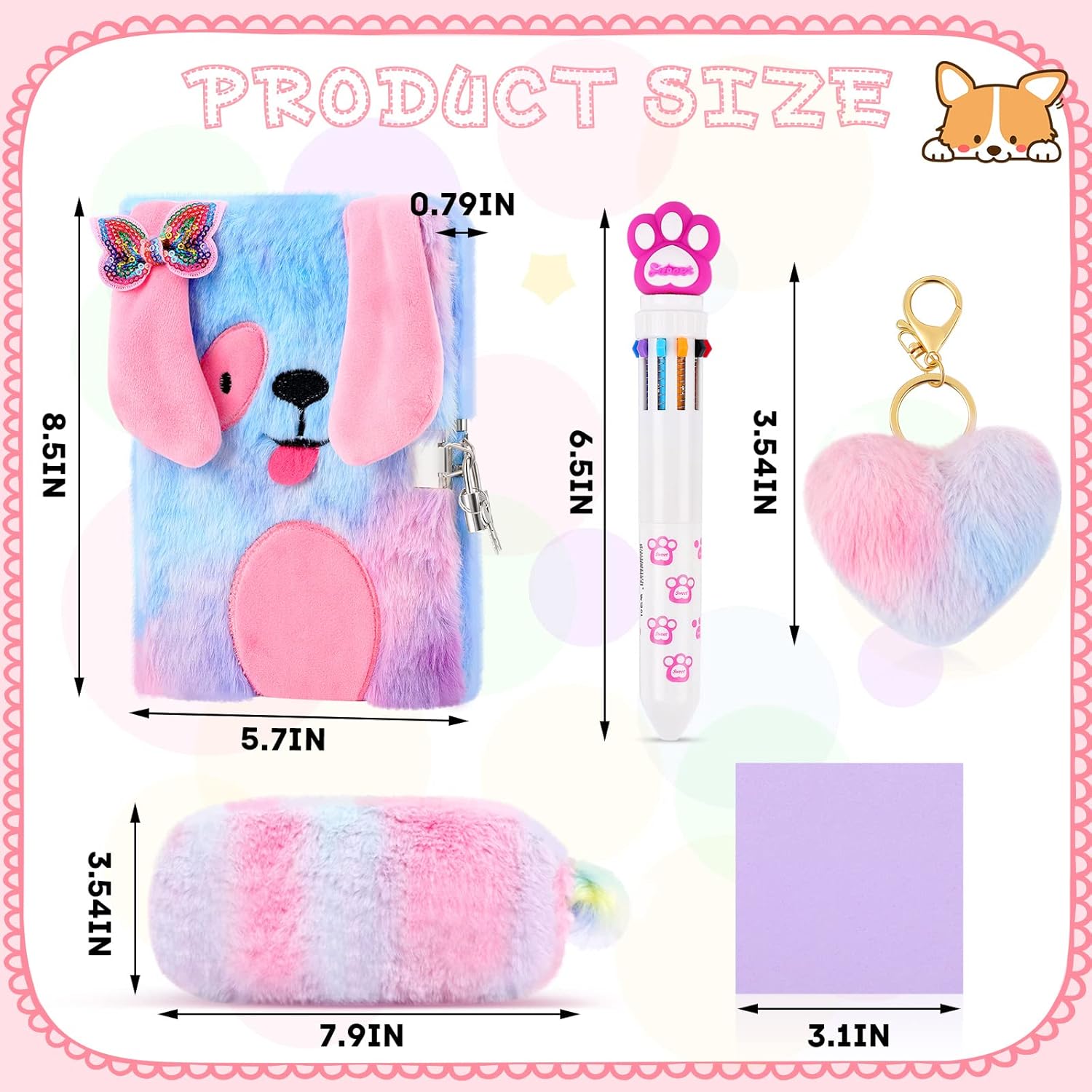Plush Rainbow Dog Notebook Set, Fluffy Journal Notebook for Girls Embroidery Private Diary Notepad with Lock Multicolored Pen Lovely Pencil Case Key Rings Bracelets for Writing Drawing (Dog, Heart)