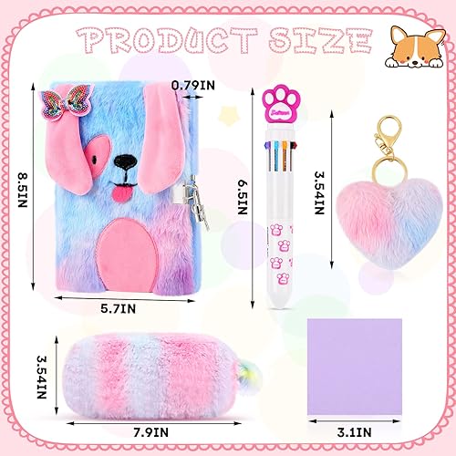 Miniatura 9 de Juego de cuadernos de peluche con diseño de unicornio y perro, cuaderno esponjoso para niñas, diario privado, bloc de notas con candado, bolígrafo