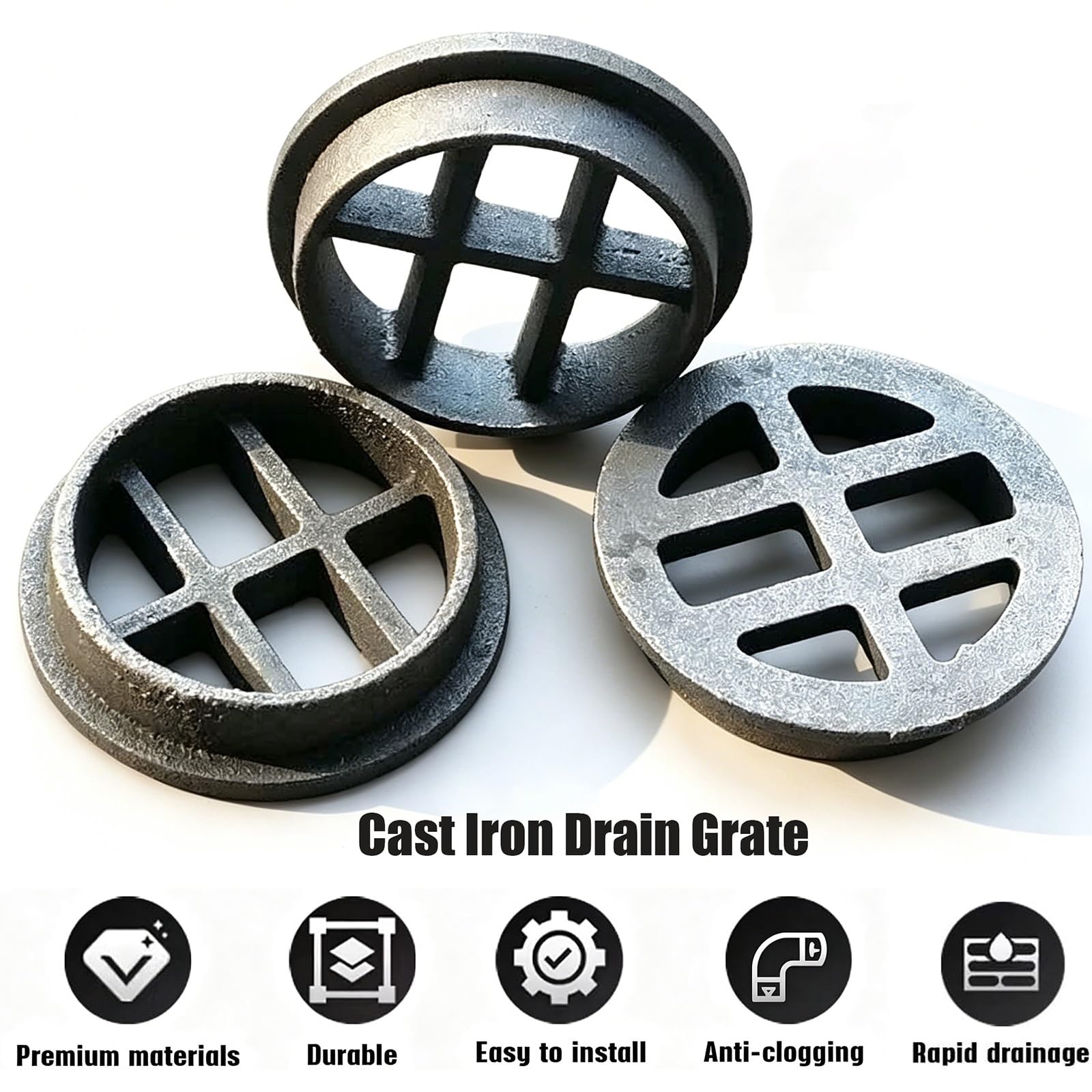 50/75/83/110/160/200/250mm Caniveau Exterieur en Fonte, Grille de Drainage Lourde Ronde pour Remplacement de Regard d'Égout, Drain Anti-Rouille pour Douche, Terrasse, Jardin & Balcon(110mm/4.3in)