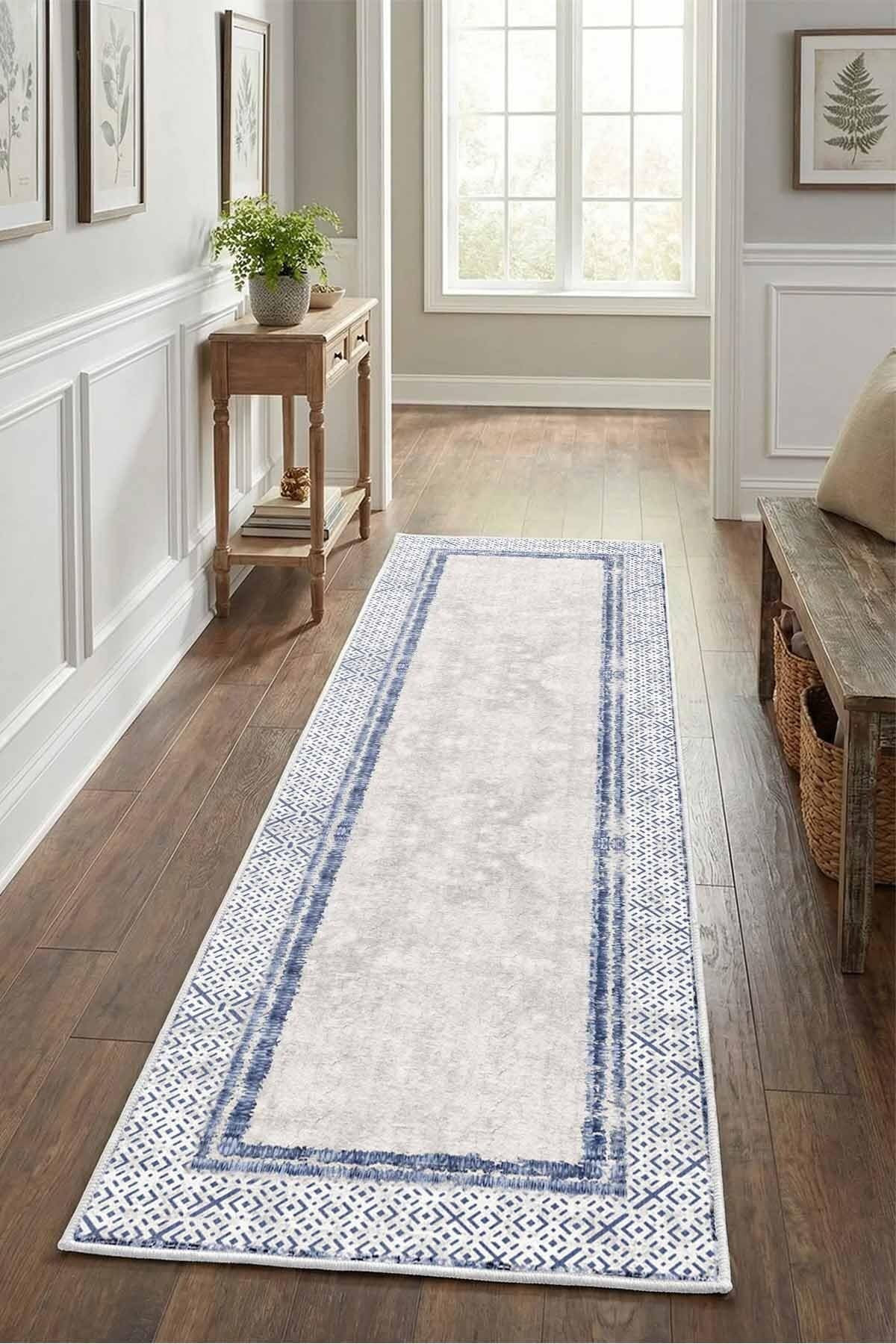 Monnhein Lacivert Yolluk 1280 - Yıkanabilir, Kaymaz Taban, Dijital Baskılı, Leke Tutmaz, İnce Hav, Modern Koridor, Mutfak, Antre ve Salon için Dekoratif Yolluk