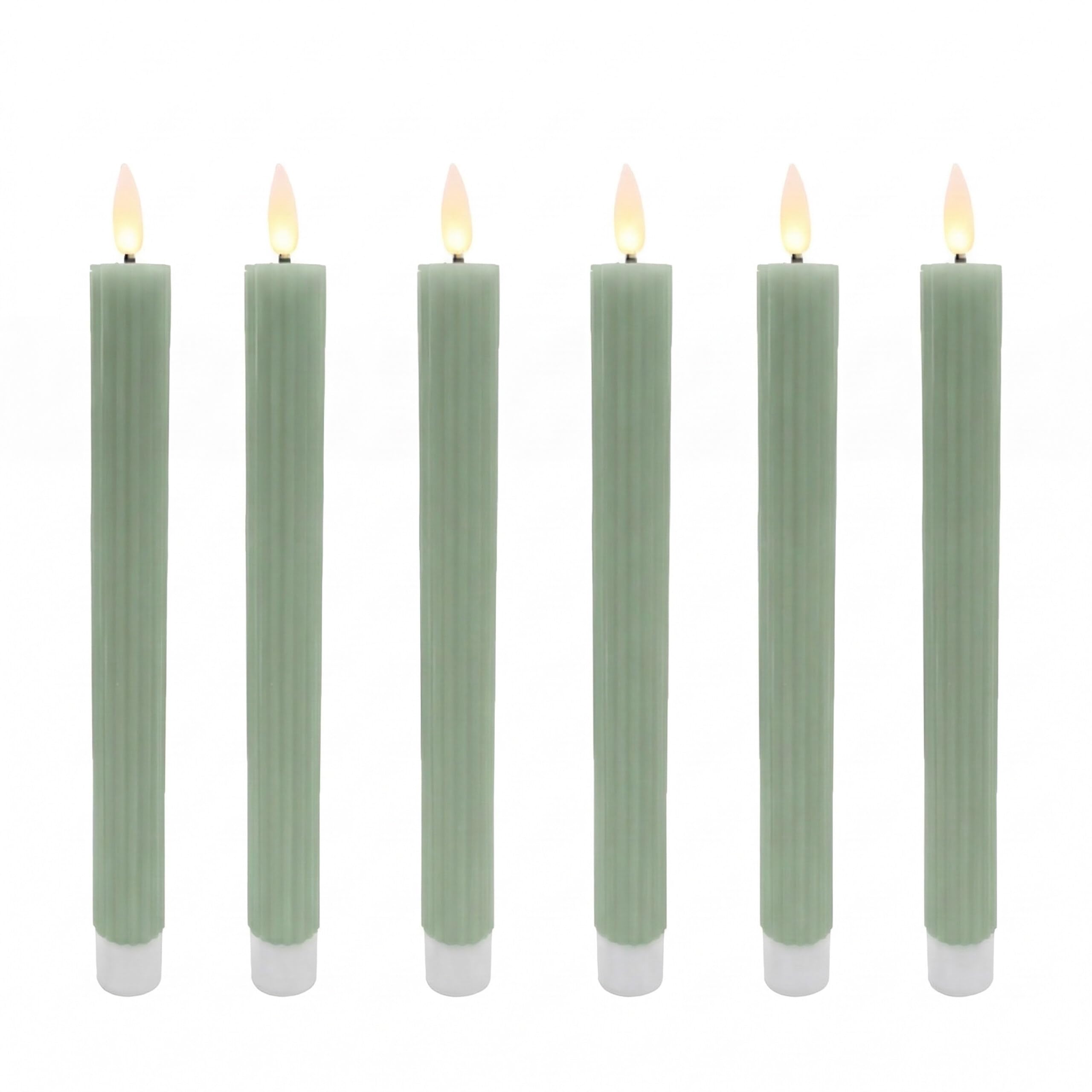 Relaxdays LED Taper Candles Set of 6, Flickering Flame, Real Wax, Grooved, Flameless, Sage, 25x2 cm