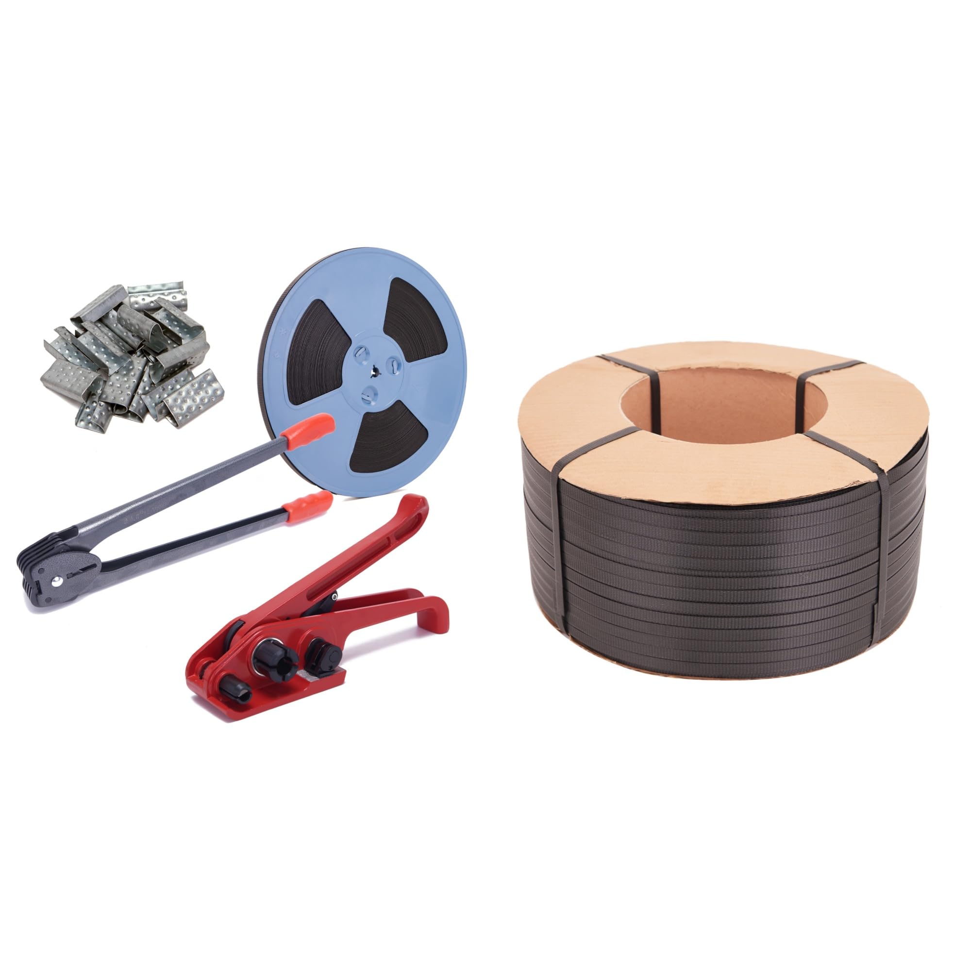 Kit di reggiatura Tutto in Uno con tenditore per reggetta in polietilene, Nastro in PP da 3200" + Rotolo di reggetta in PP da 6600 Piedi, 100 sigilli Metallici e Strumenti per sigillatura